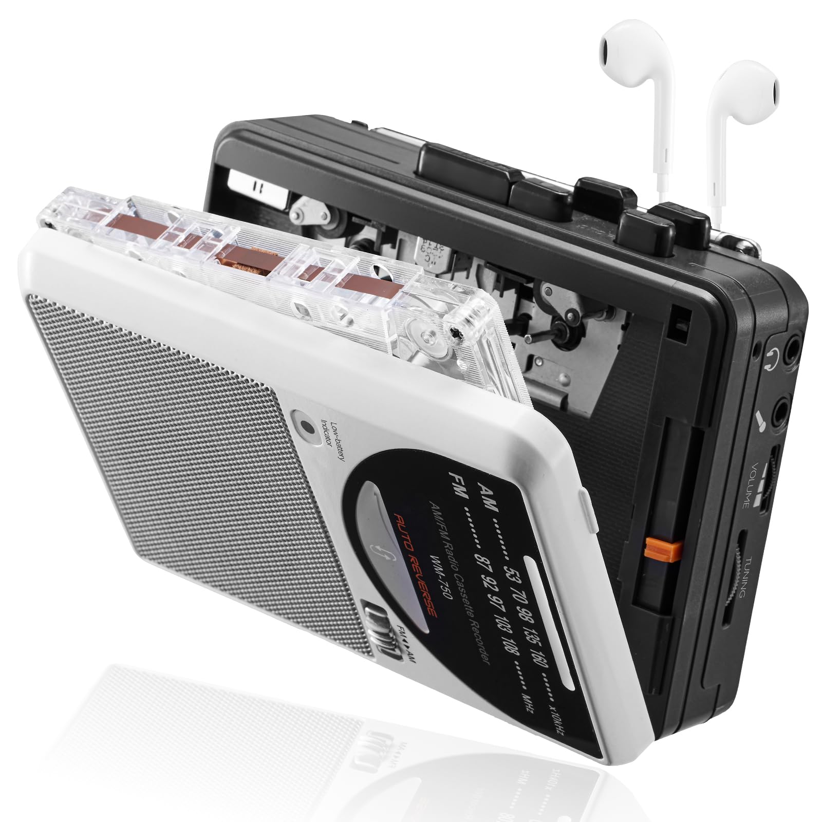 Retro Recordable Cassette Player, AM/FM Radio Stereo, Vintage Cassette Tape Player with Big Speaker and Earphone Jack, Battery Operated or AC Powered Tape Recorder Cassette Player-image-2