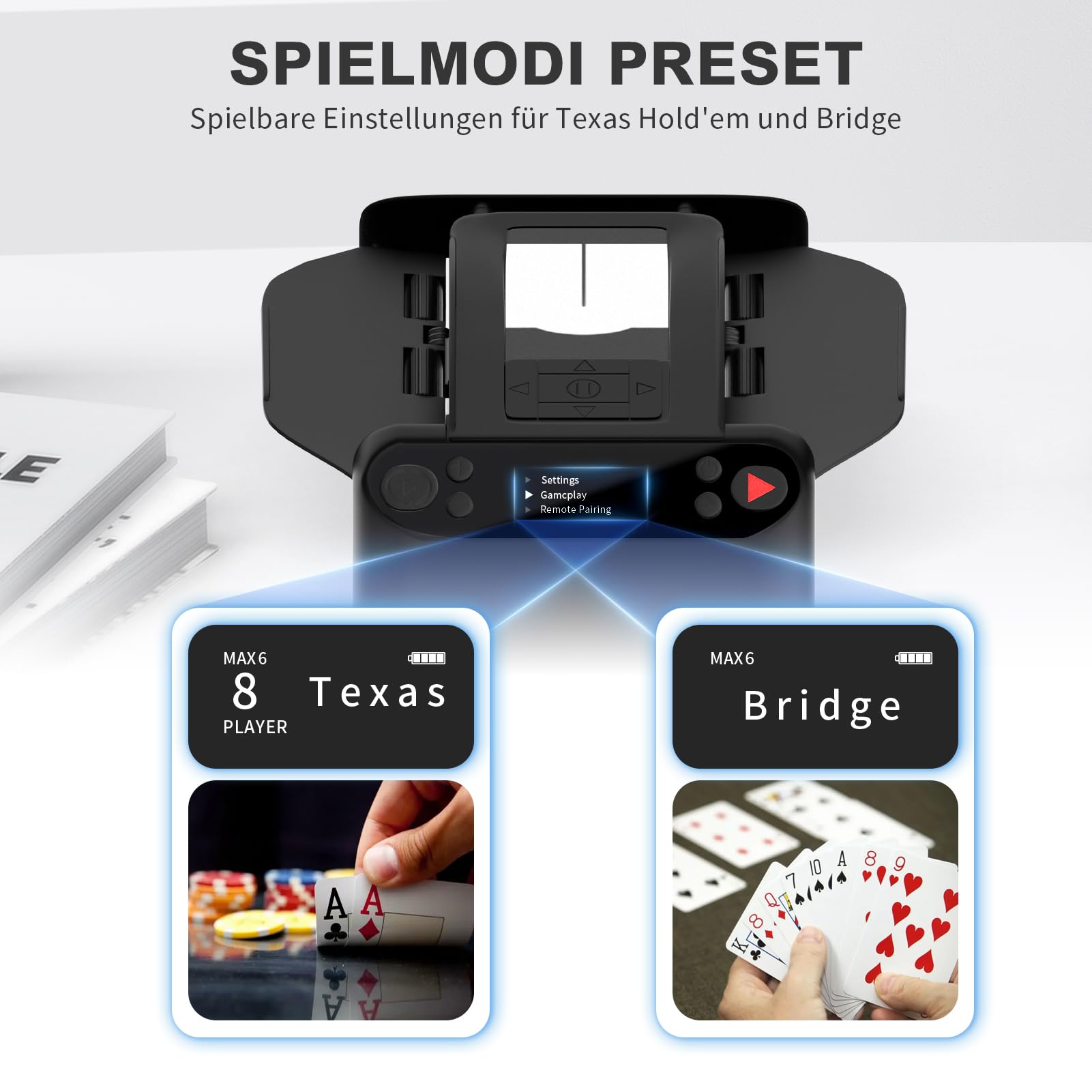 Automatischer Kartenmischer und Austeiler 2-in-1, unterstützt 1-2 Decks, 360° Rotation für 1-12 Spieler, inklusive 4 Fernbedienungen, ideal für Poker, Bridge, Rommé, Zubehör für Familienabende