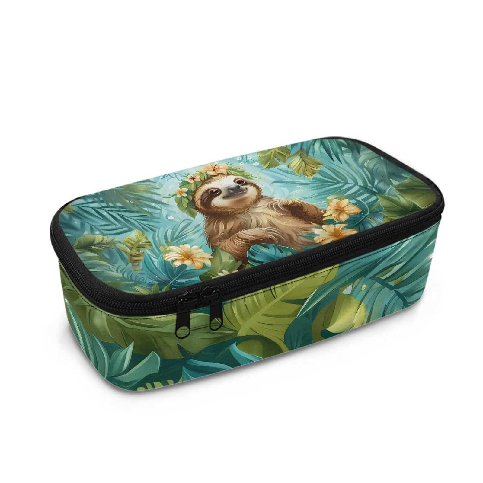 TOADDMOS Floral Sloth Pencil Case Palm Leaves Adult Pen Maker Pencil Pouch Office Stationery Case Small Tool Pouch Bag for Office Travel School