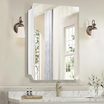 16 x 26 inch Bathroom Medicine Cabinet, Mirror Cabinet with Single Door & Removable Shelves, Surface Mount or Recess Installation, Medicine Cabinets for Bathroom
