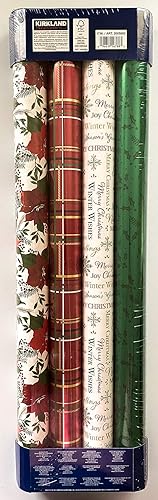 Miniatura 2 de Kirkland Signature 4 rollos de papel de regalo de Navidad, 180 pies cuadrados, flor de pascua, a cuadros, blanco hueso, verde