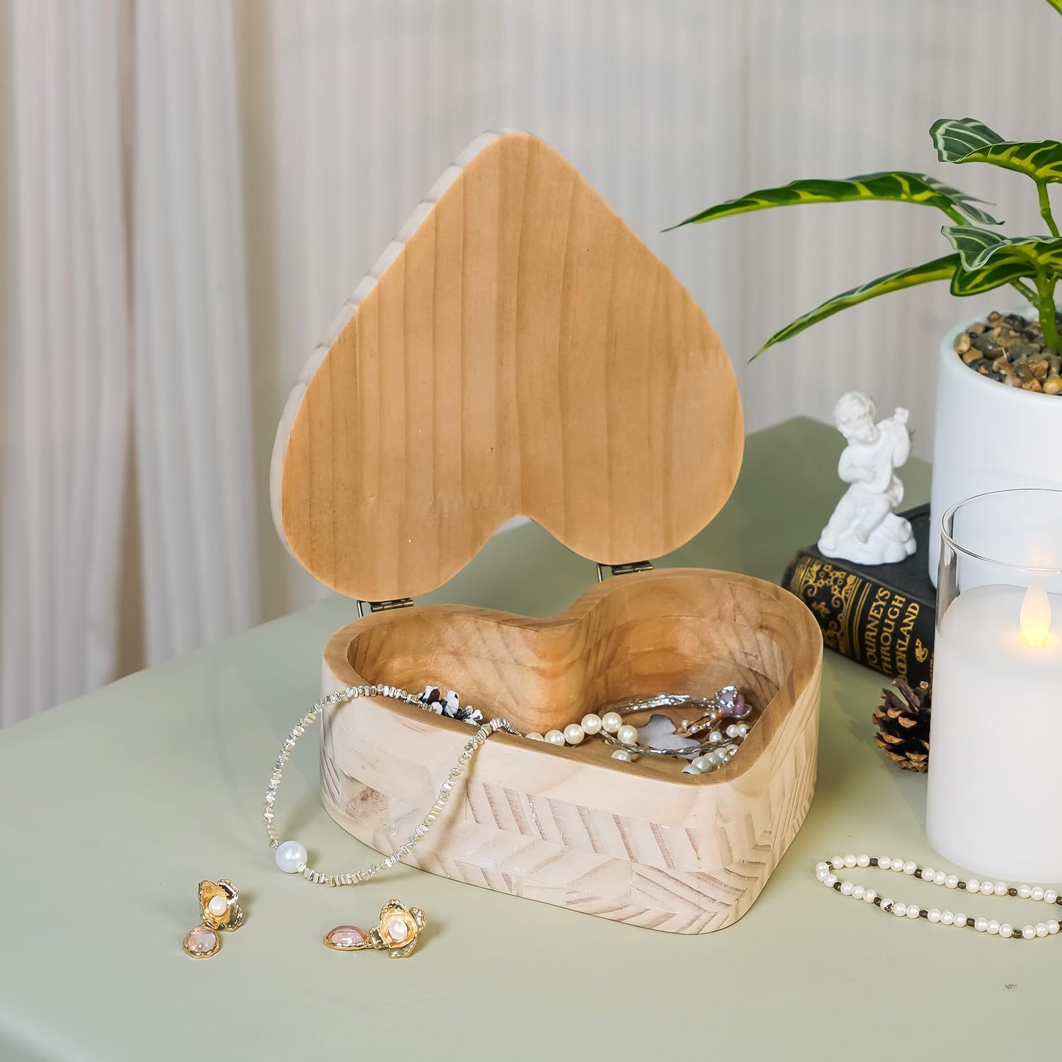 Heart Shaped Wooden Box with Hinged Lid, Decorative Box with Carved Flower, Wood Container Storage Box for Jewelry Trinket Keepsake Treasure, 8 x 7 x 3 Inches, Distressed White - Image 3