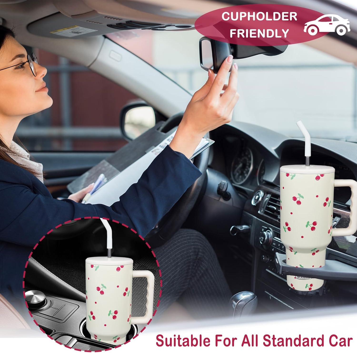 Cherry 40oz Double Insulated Tumbler with Handle and Straw Lid for Cherry Lover, Women, Girls - Birthday, Christmas, Travel, Coffee Mug - Image 4