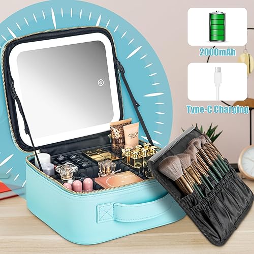 Vista 67 de Estuche de viaje de maquillaje con espejo luz LED 3 brillo ajustable, bolsa de cosméticos grande, almacenamiento portátil, partición ajustable, Roses