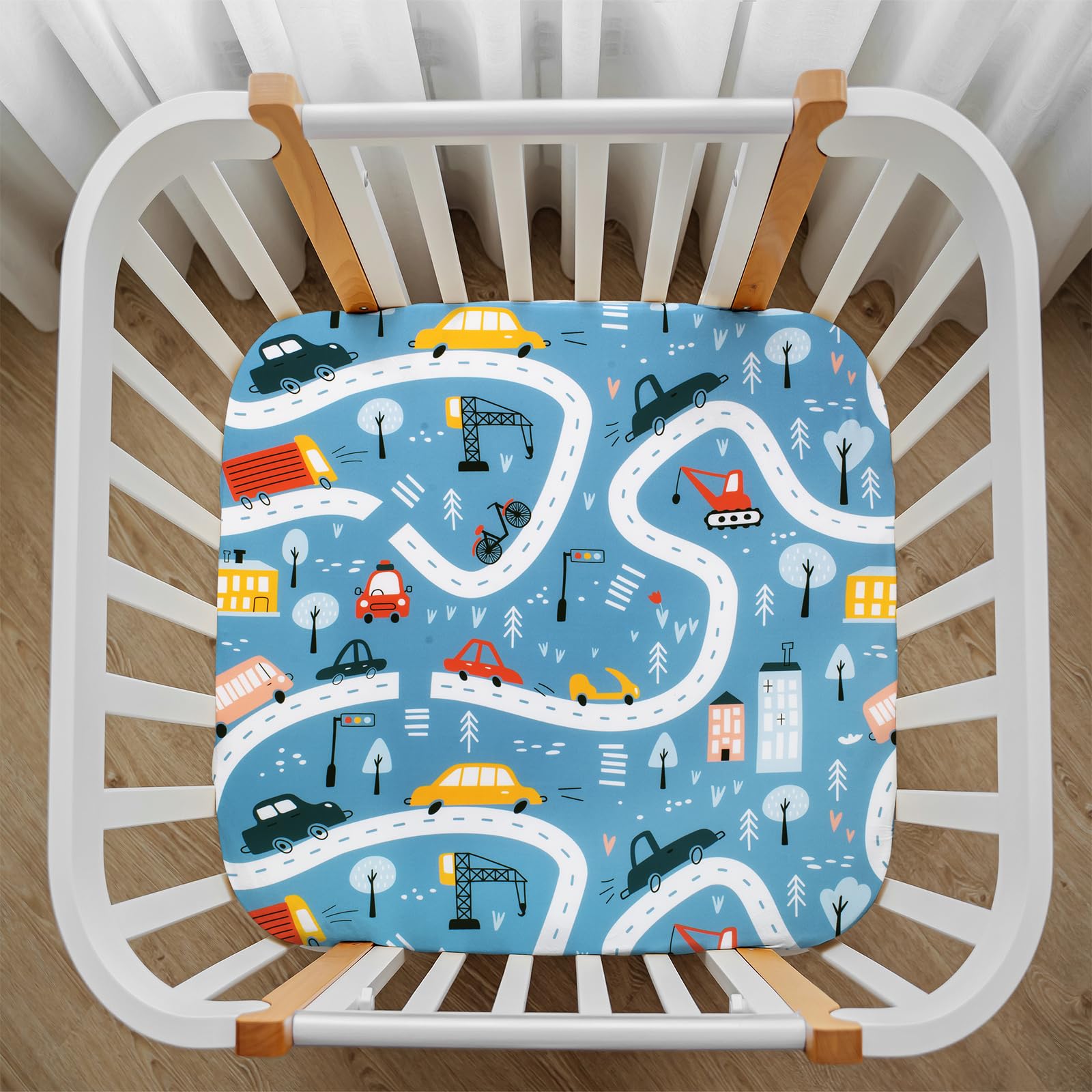 Cloele Square Playard/Playpen Fitted Sheets Perfect for 36 X 36 Portable Playard Mattresses - Square Pack and Play Crib Sheets - Ultra Soft Polyester Blue Car Fitted Playpen Sheet for Baby