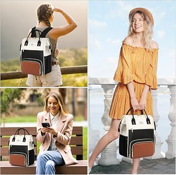 ETRONIK Laptop Lunch Backpack for Women, 17.3 inch Laptop Backpack | Backpack with USB Port Teacher Nurse Work Bag with Cooler Bag Insulated, Rucksack for Women Business Work, Black-Beige-Brown