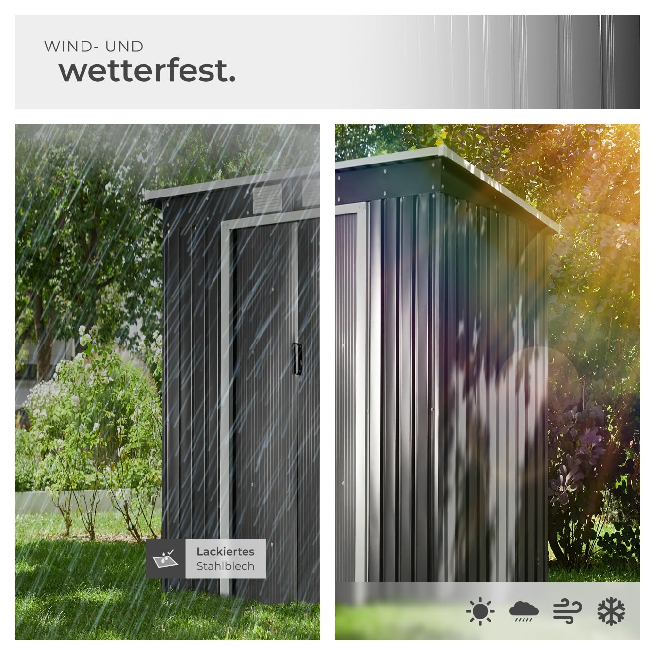 tectake® Metall Gartenhaus mit Schrägdach, Geräteschuppen Garten mit Schiebetür, Gerätehaus mit Metallfundament, als Gartenschuppen, Gartenhütte oder Fahrradgarage, 4 m³ Lagerfläche - grau/weiß