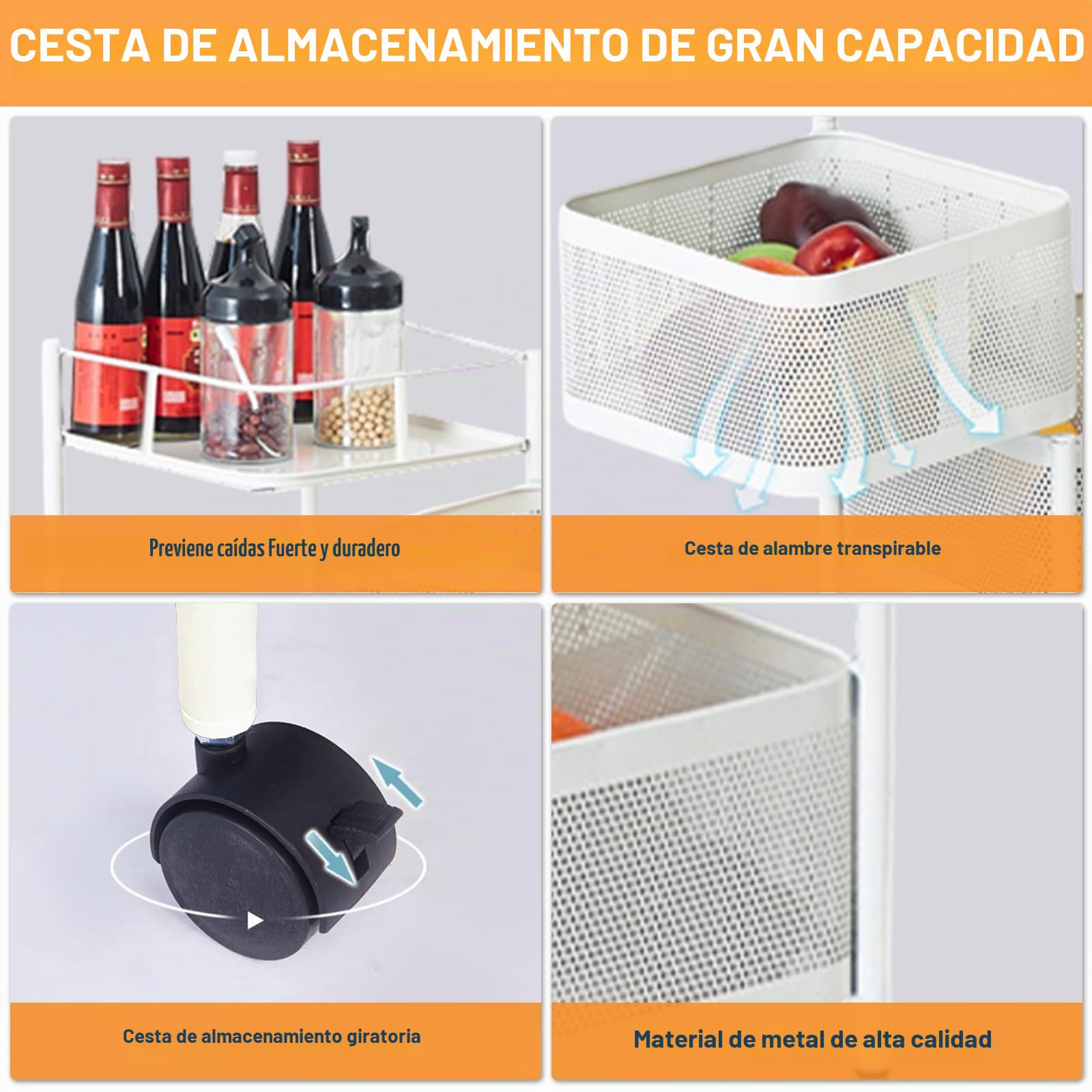 Carrito de Almacenamiento de 5 Niveles para Cocina, Estante de Verduras Giratorio de 360°, Carrito de Cocina con Ruedas, Estante de Almacenamiento de Acero al Carbono, Cesta de Frutas