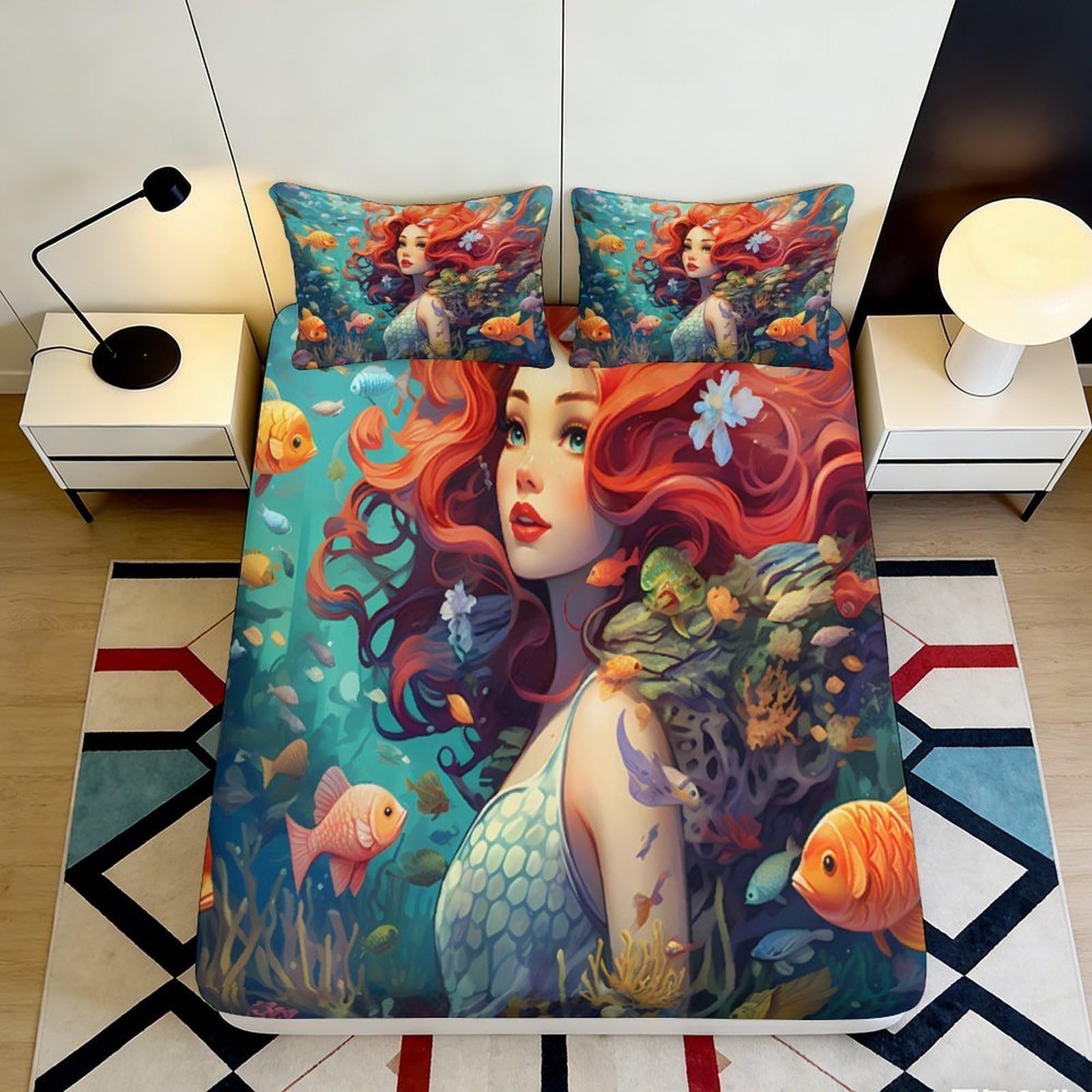 3D Printed Mermaid Underwater Fitted Sheet Microfiber Colorful Ocean Fantasy Mattress Cover for Bedroom Guest Room Decor 160x200x25cm