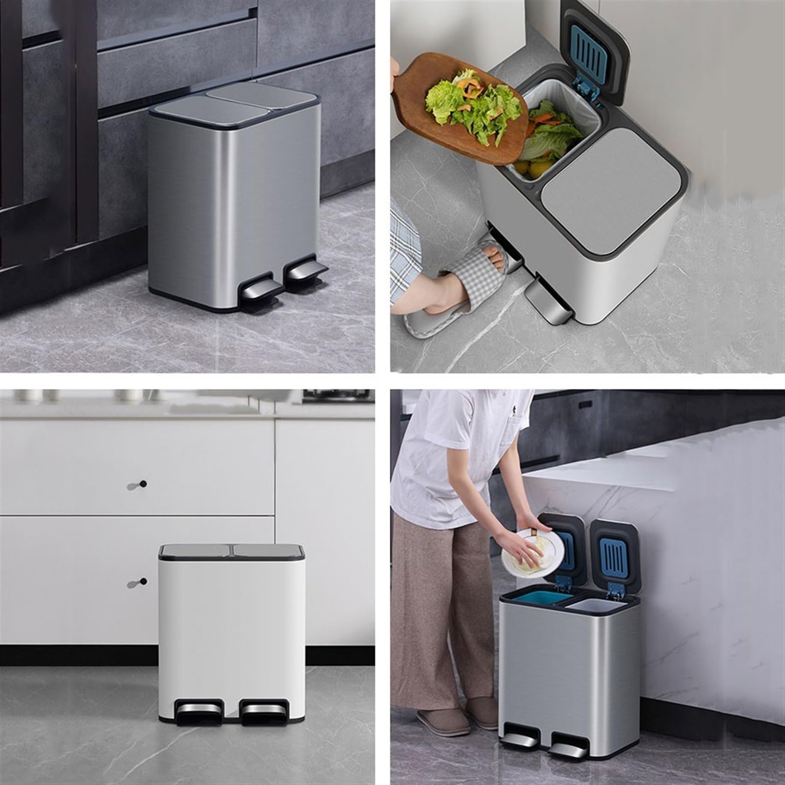 Papelera Clasificación de cubo de basura hogar cocina separación Pedal de acero inoxidable sala de estar con cubierta doble cubo pie grande Papelera De Cocina(18L A)