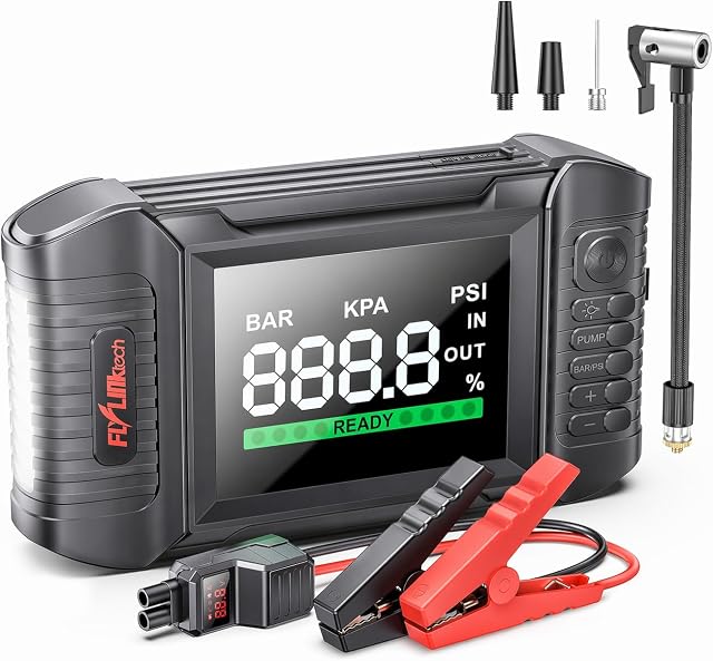 FLYLINKTECH Démarreur de saut de batterie de voiture Air Compresseur 150PSI, 6000A 20000mAh, Tous les gaz/10.0L diesel, coffre-fort avec affichage, 160W DC Dehors, lumière d'urgence