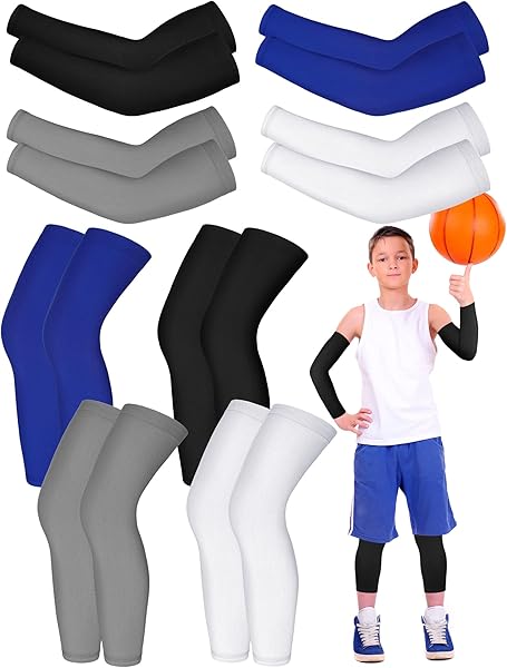 Patelai 8 Pair Kids Arm and Sleeve Set Non Slip Long Compression Basketball Soccer Football Leg Sleeve for Boy Girl Youth
