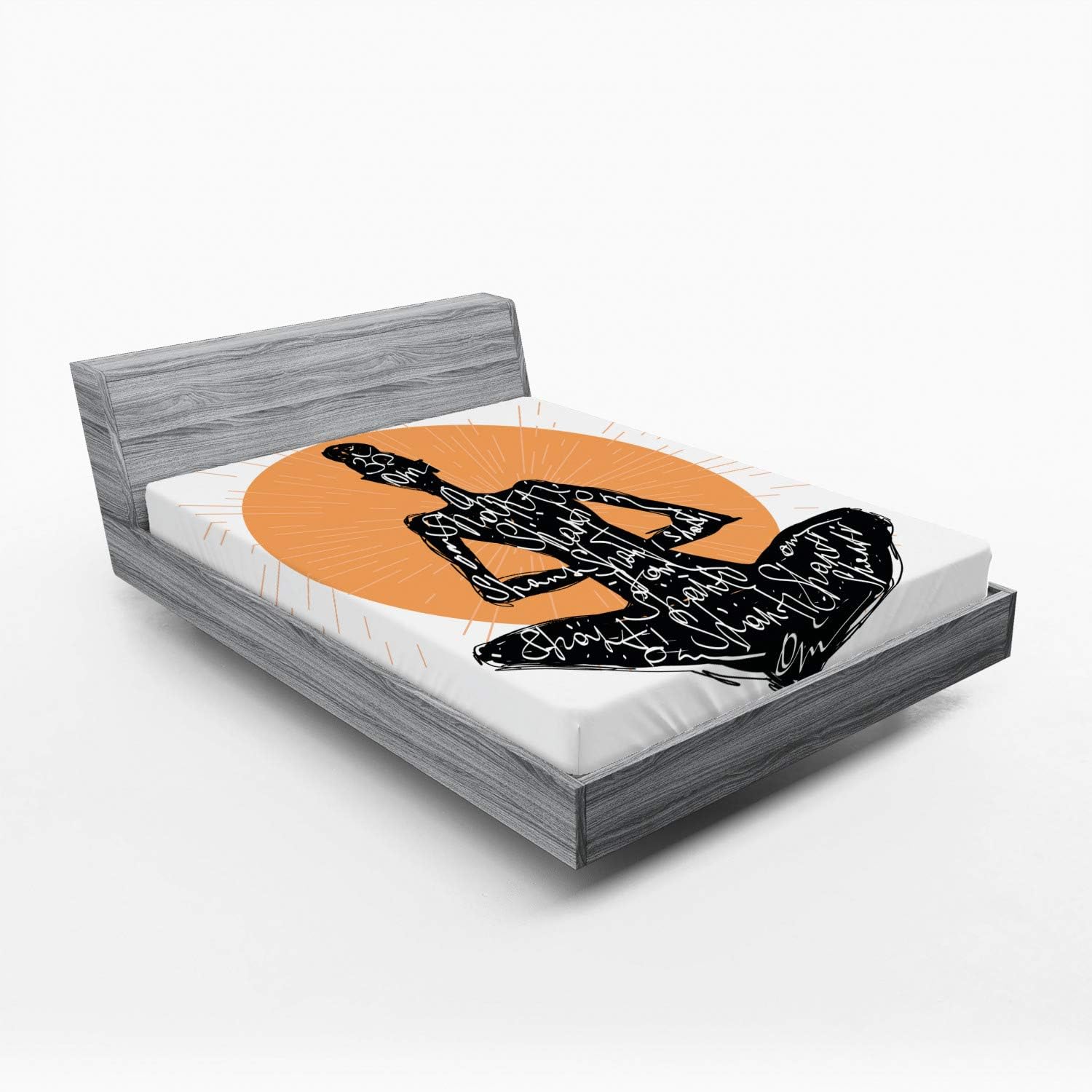 Ambesonne Yoga Fitted Sheet, Silhouette of a Yoga Lady in Lotus Pose Meditating Design, Bed Cover with All-Round Elastic Deep Pocket for Comfort, Queen Size, Pale Orange Black