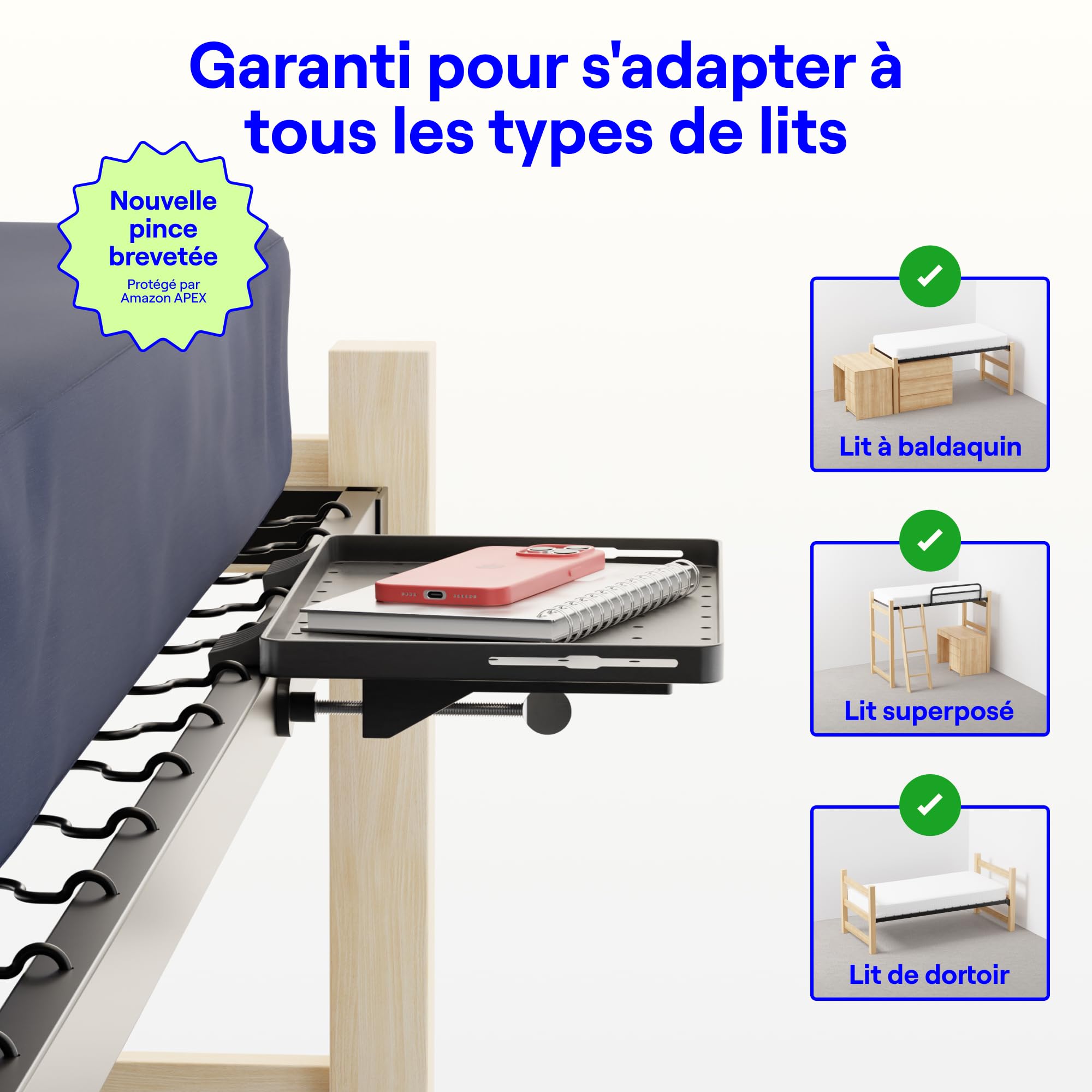 BedShelfie Étagère pour Lit & Lit du Haut, Essentiels Chambre Universitaire, Accessoires Mezzanine, Table de Nuit Clip-on, Étagère Flottante (Modèles Room Essential, Noir, Plastique)