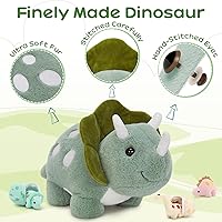 Vista 5 de Animales de peluche de dinosaurio, juguete de peluche para niñas y niños, una mamá dinosaurio con 3 dinosaurios bebés, triceratops, estegosaurio