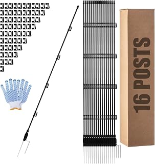 57 Inch Fiberglass Electric Fence Posts, 16 Pack with Double Spikes & 64 Clips - Heavy Duty Farm Garden Livestock Fencing | Holds Wire/Tape/Rope