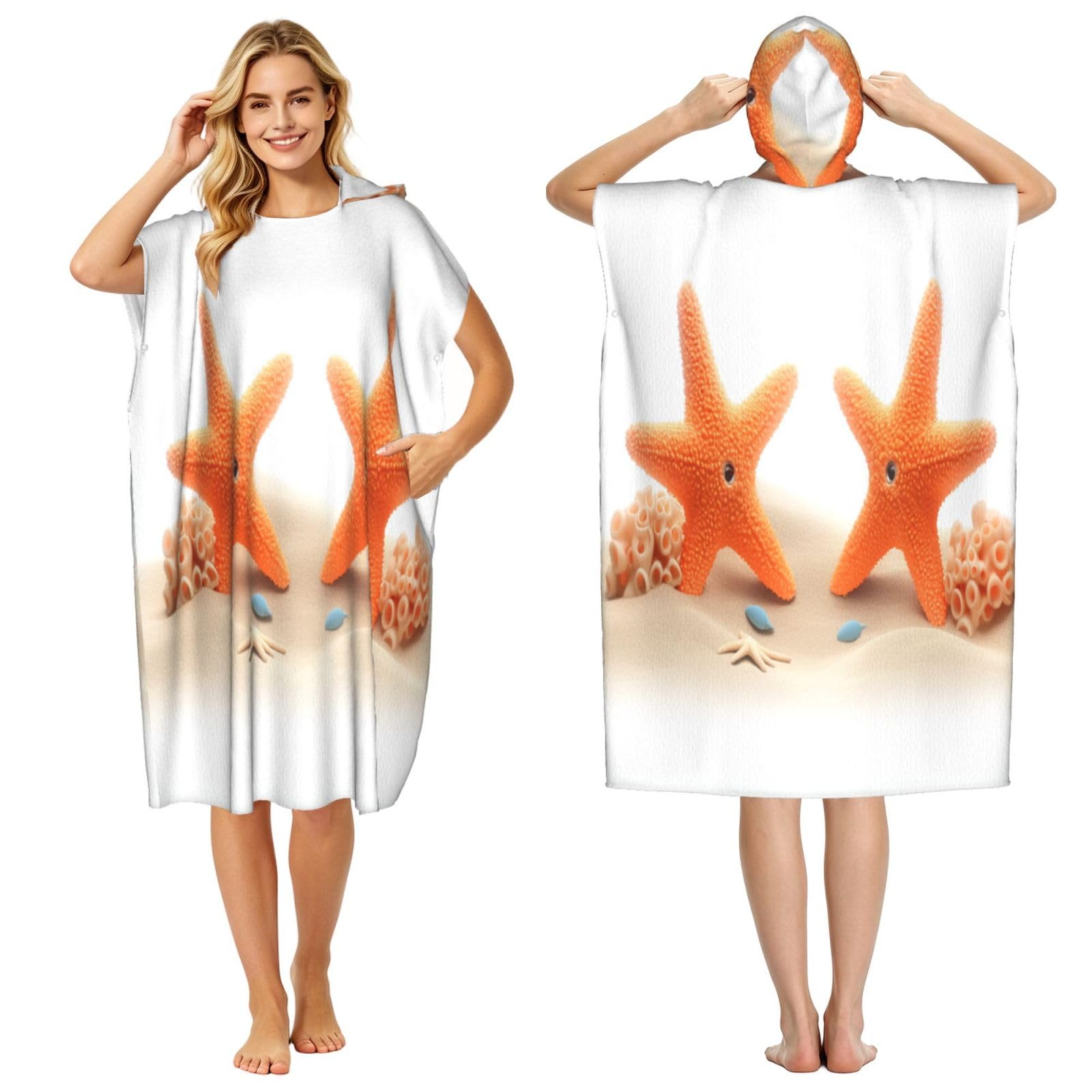 KLGRTJHK Pink Starfish Adult Hooded Beach Poncho Towel 43"X35"