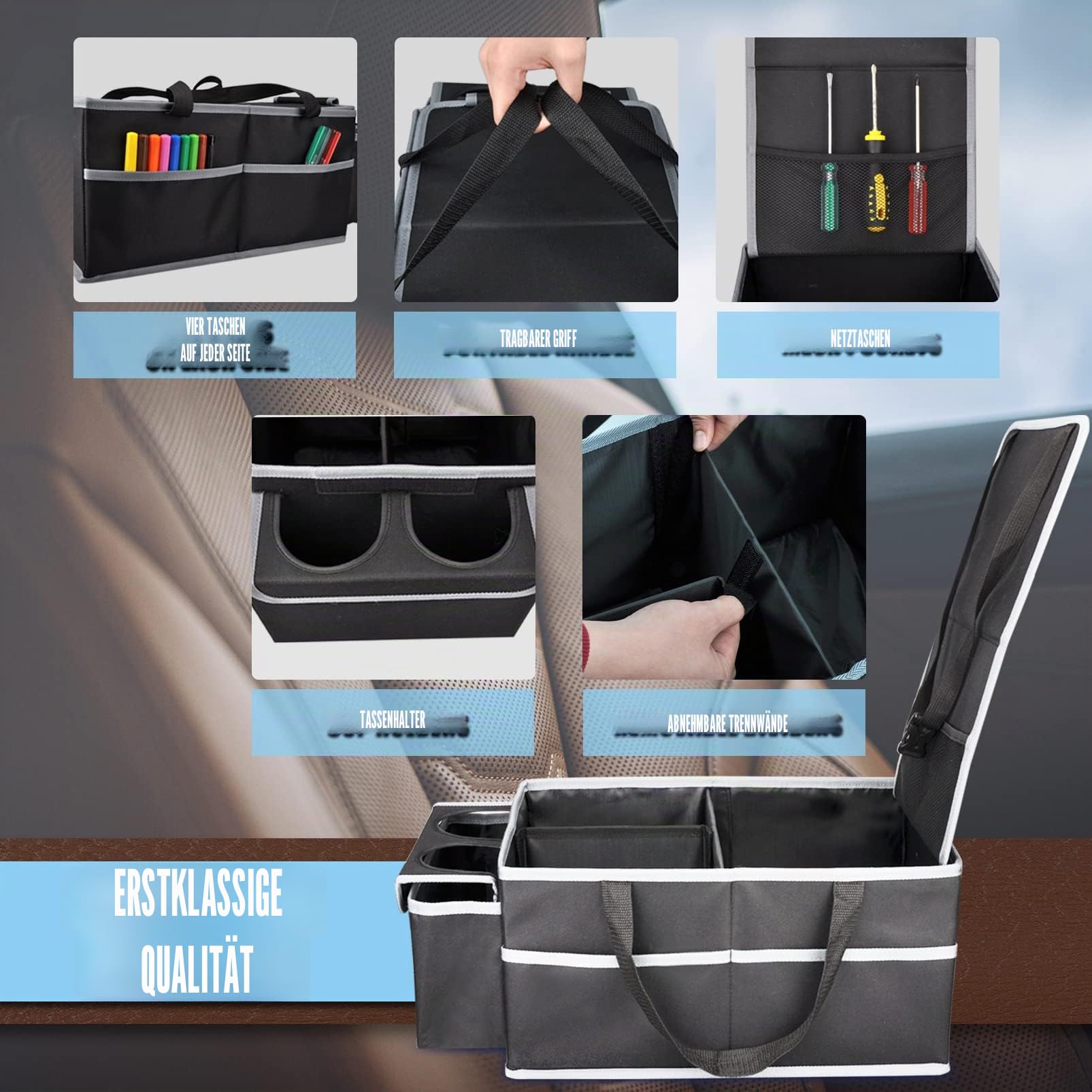 Auto Organizer für Vorne und Rücksitz, Klappbar, mit Fächern und Deckel - Beifahrersitz und Kinder (Schwarz)