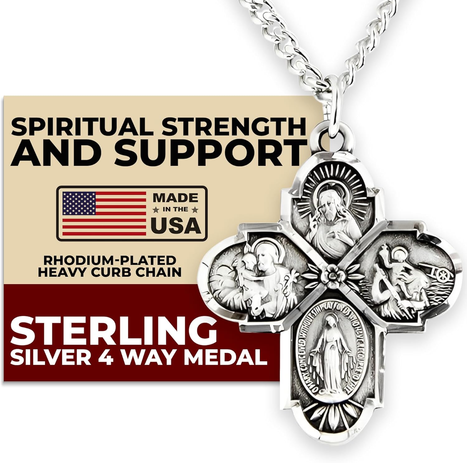 Heartland Sterling Silver 4 Way Cross Pendant for Men- Handcrafted in USA, Tarnish Resistant, Meaningful Catholic Necklace with Sacred Heart, St. Christopher, St. Joseph & Miraculous Medal– 24-Inch