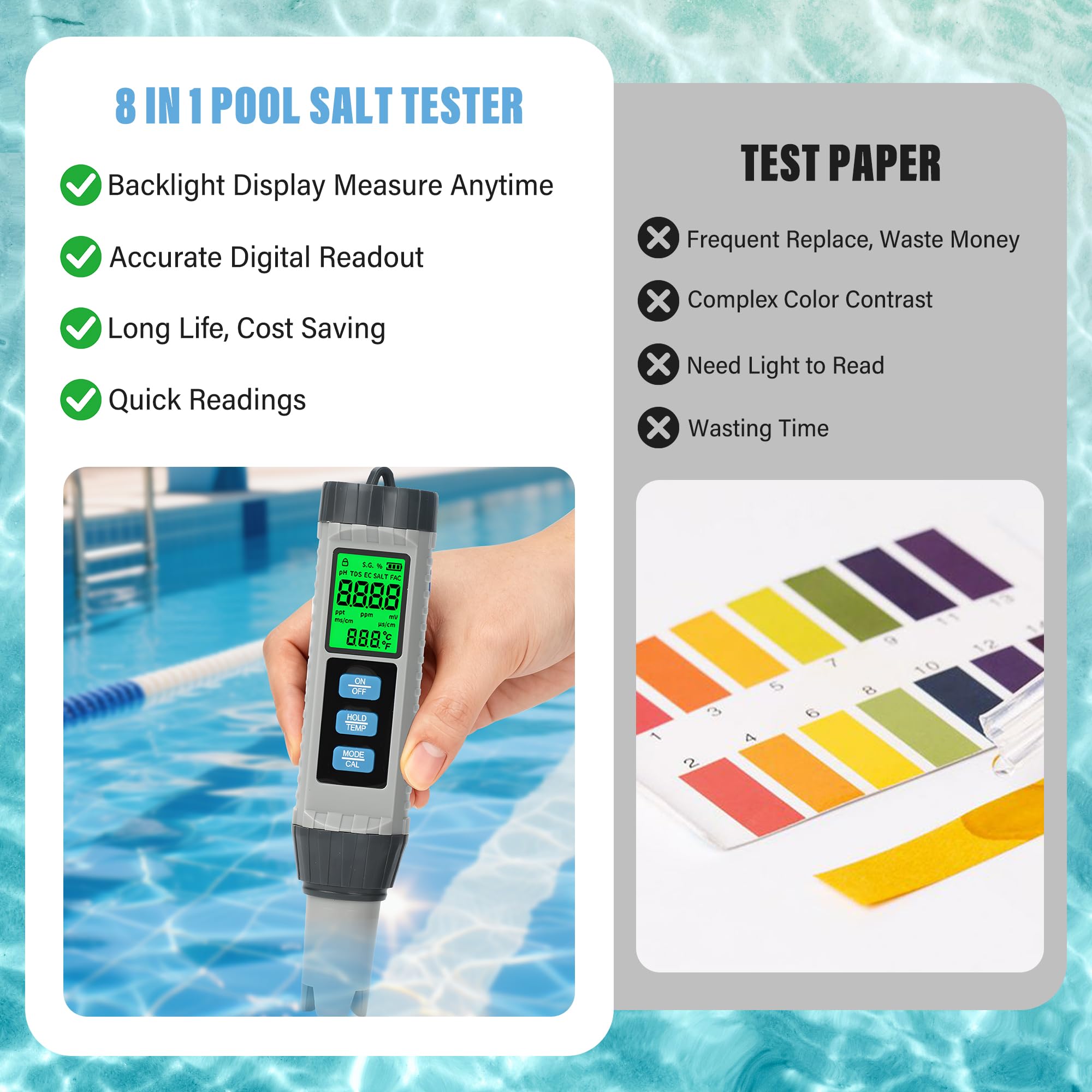 Medidor de Cloro y pH Digital 8 en 1, Tester de pH y Cloro para Piscina, Comprobador de TDS, EC, S.G, Salinidad, ORP y Temperatura con Pantalla Retroiluminada y Compensación Automática