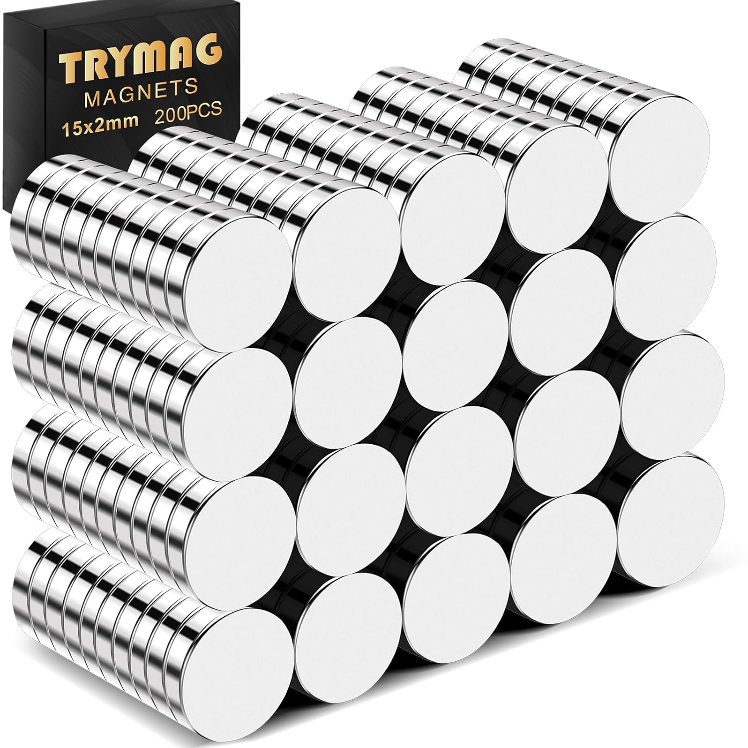 TRYMAG 200Pcs Strong Neodymium 15x2mm Small Round Rare Earth Magnets, Neodymium Disc Fridge Magnets for Crafts, Whiteboard, Scientific Models, Dry Erase Board, Office