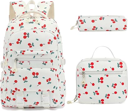 Girls School Cherry Backpack with Lunch Box for Kids, Kawaii Aesthetic Laptop Bookbag for Travel