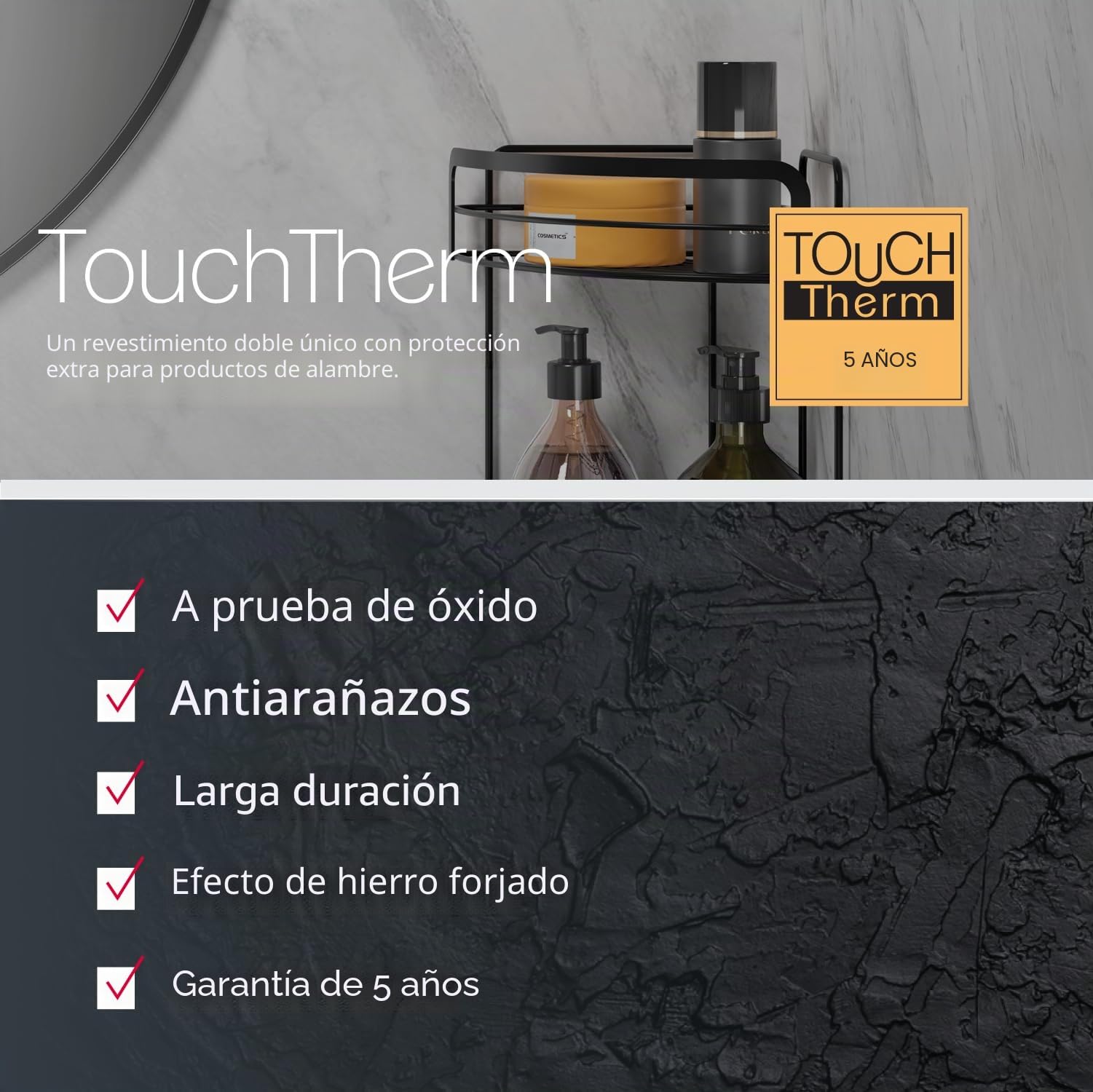 Metaltex ORIGIN LAVA - Rinconera Baño 3 Niveles. Acabado TOUCHTHERM color Negro
