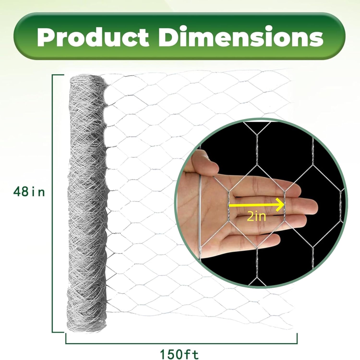 48 in x 150 ft, 2 inch Metal Mesh Pencing, Chicken Wire Fencing, Hexagonal Galvanized Poultry Wire Netting for Chicken, Duck, Goose, Rabbit Fencing