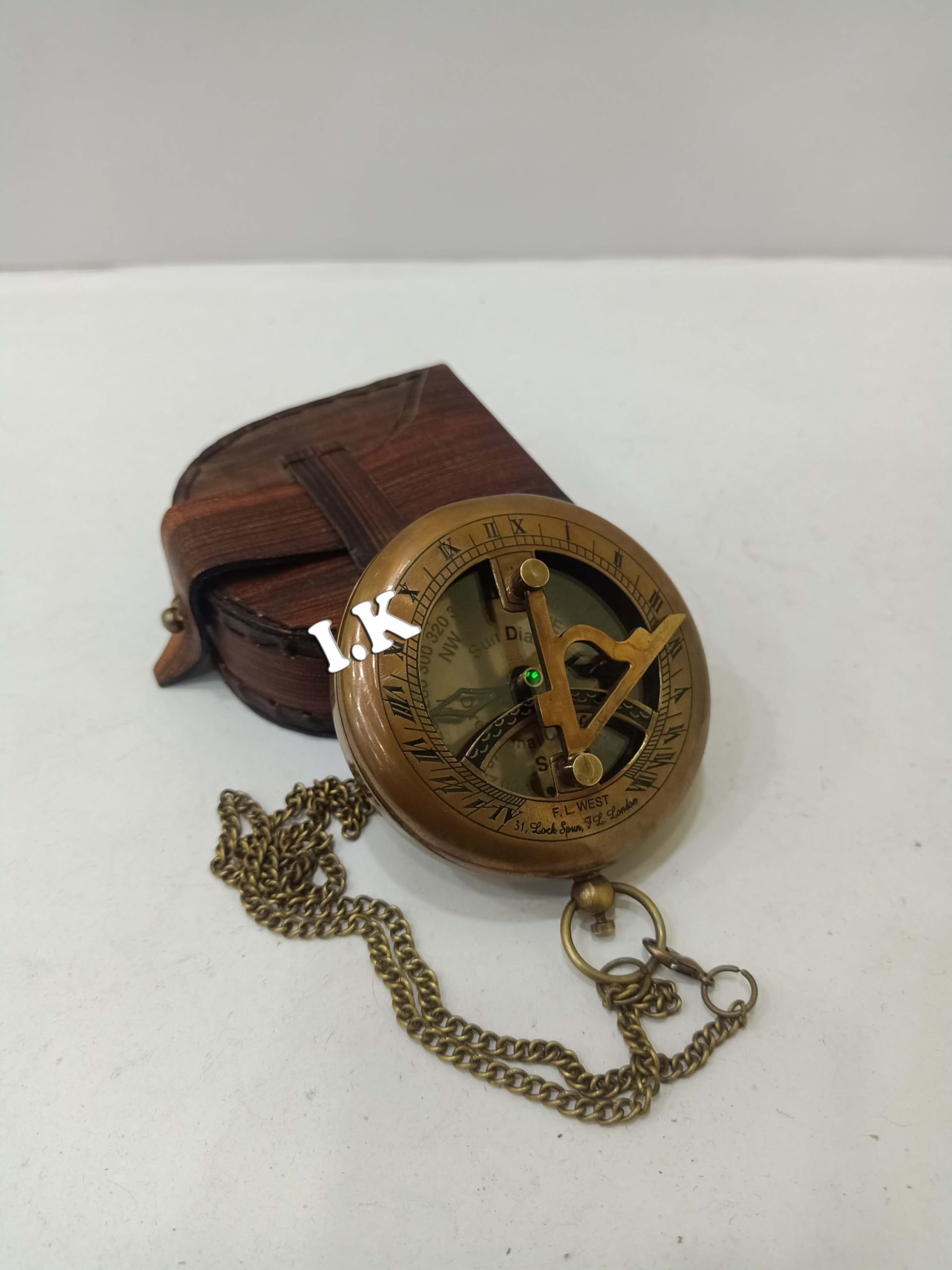 generic Antique Brass Sundial Push Button Compass Pocket Sundial Compass Navigational Compass Direction with Leather case-picture-18