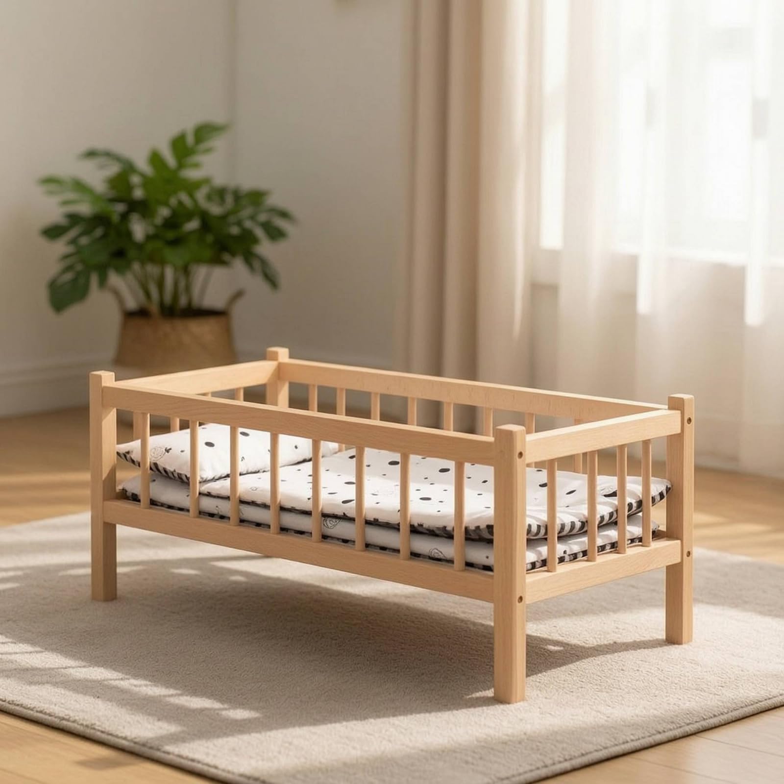 Letto per Bambole Culla Lettino Mini Letto in Legno di Faggio con Verticali E Cornice Rettangolare per Gioco di Ruolo Educativo Adatto a Cameretta Asilo Regalo Bambini