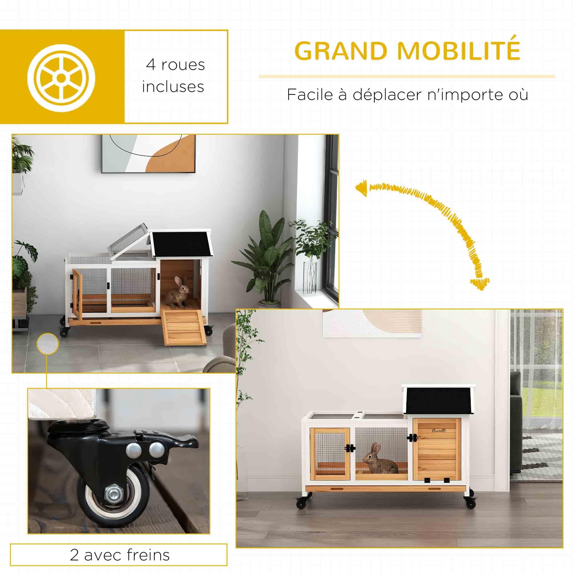 PawHut Clapier Cage à Lapins rongeurs sur roulettes 2 Portes verrouillables tiroir à déjection 108L x 58l x 73,5H cm Bois Jaune