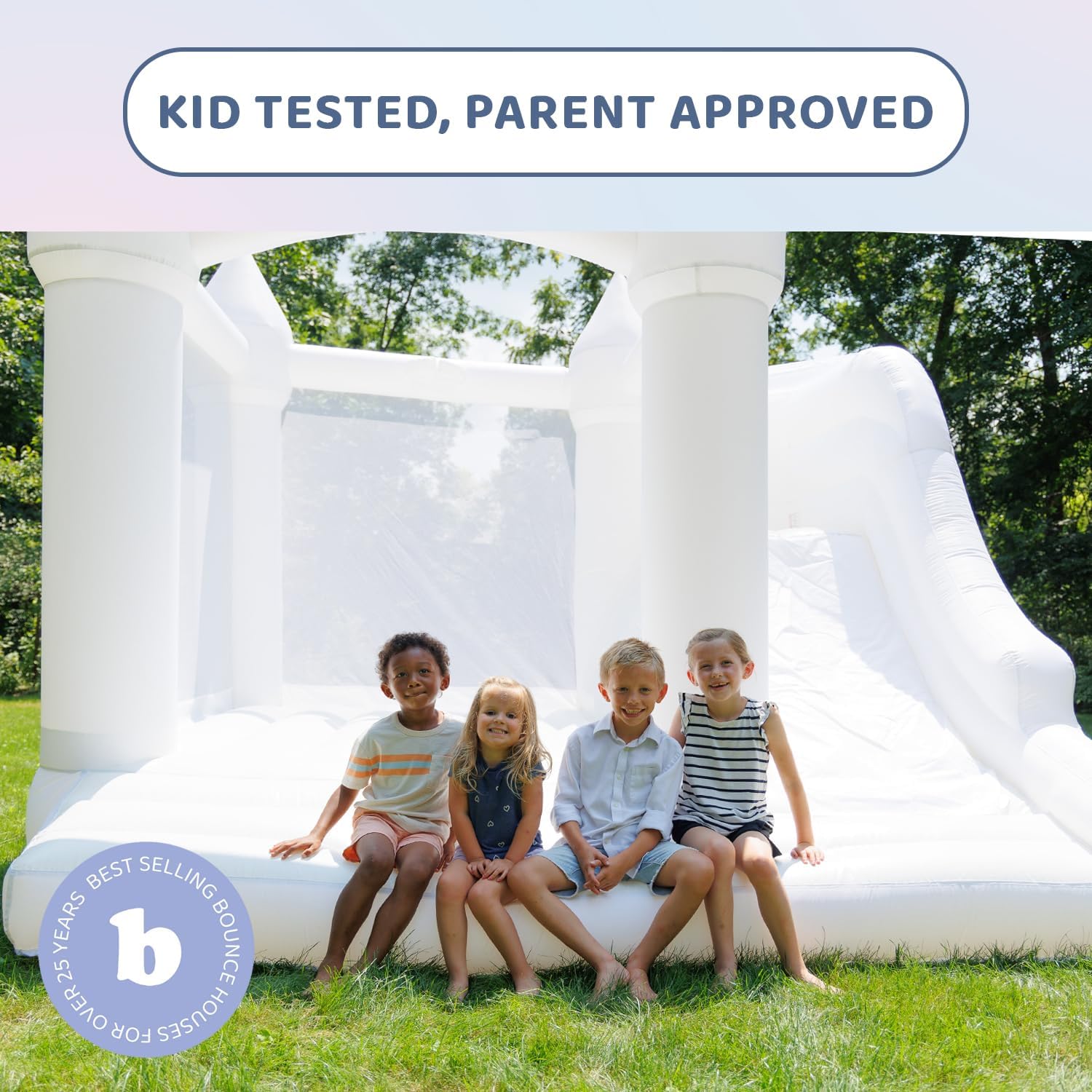 Bounceland Castle Palace Daydreamer Cloud Bounce House, 10.8 ft L x 9.8 ft W x 8.7 ft H, Basketball Hoop, UL Blower Included, Trendy Neutral Color, Fun Slide & Bounce Area, Castle Theme for Kids