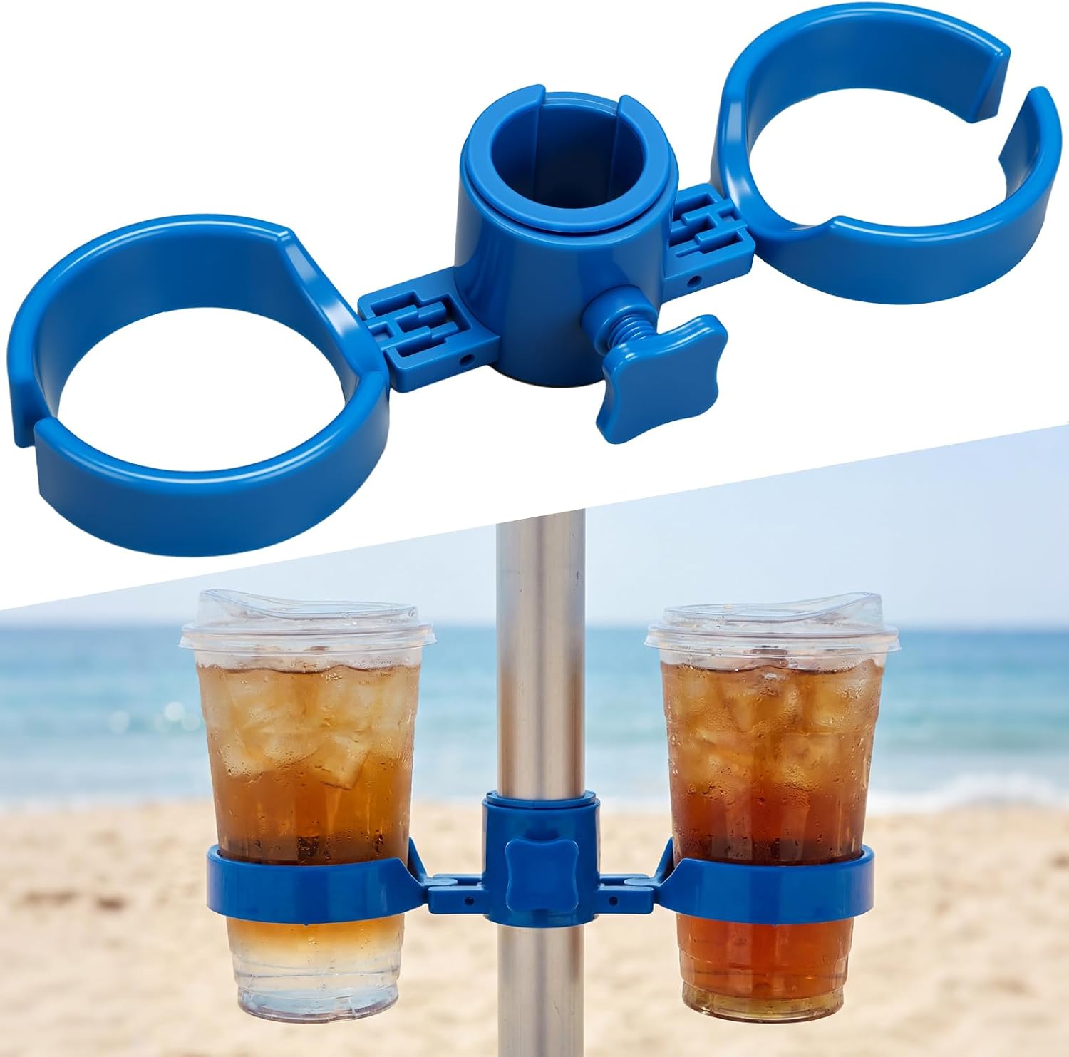 2 Pack 8 x 3 Inch Beach Umbrella Cup Holder to Hold 4 Cups | for Beach, Patio, Garden, Swimming Pool, Easy Install, Blue