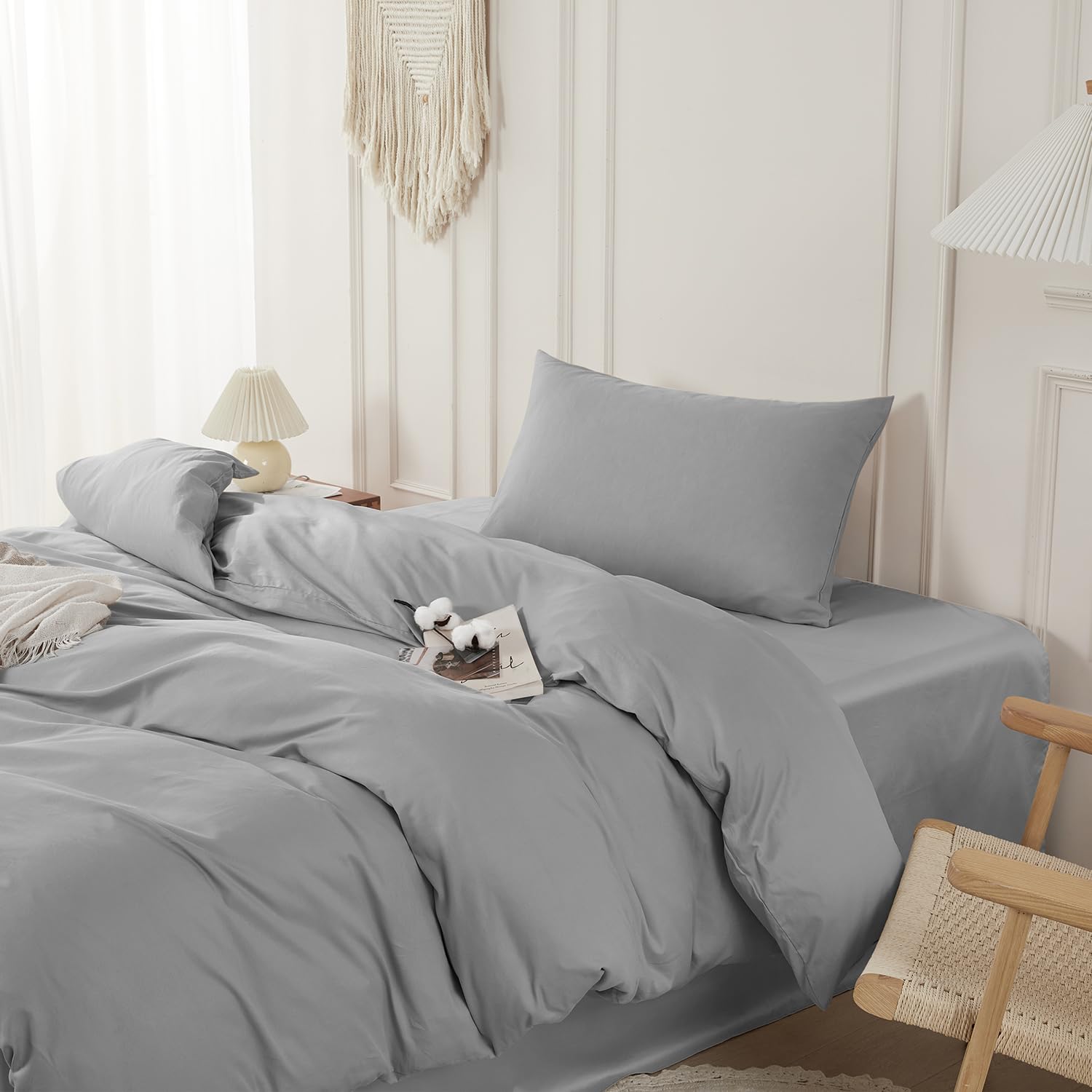 SAPHREAS Grey Duvet Cover Set 100% Cotton Single Size 2Pcs 8 Corner Ties Simple style Plain Bedding Soft Comforter Cover Set 1 Duvet Cover with Zipper 1 Pillow Shams, Comforter Not Included