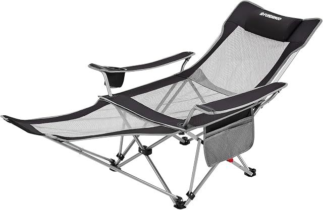 FUNDANGO Camping Chairs Folding Recliner Chair Adjustable with Detachable Footrest Cupholder Pocket Lightweight Portable Camp Chair Grey