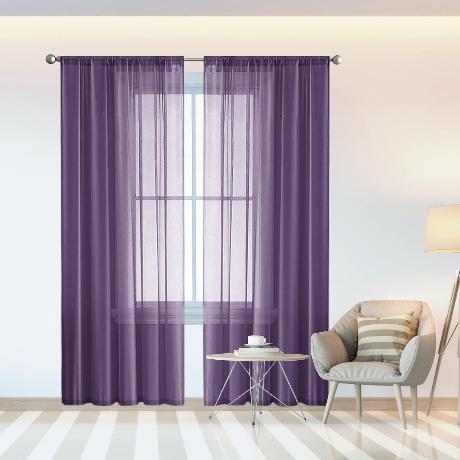 Cortinas Salon Modernas 270 x 140 cm para Ventanas Visillos, Cortina Cocina Modernas Translucidas. Cortinas de Lino Translucidas Salón para Dos Puertas de Balcón, Morado