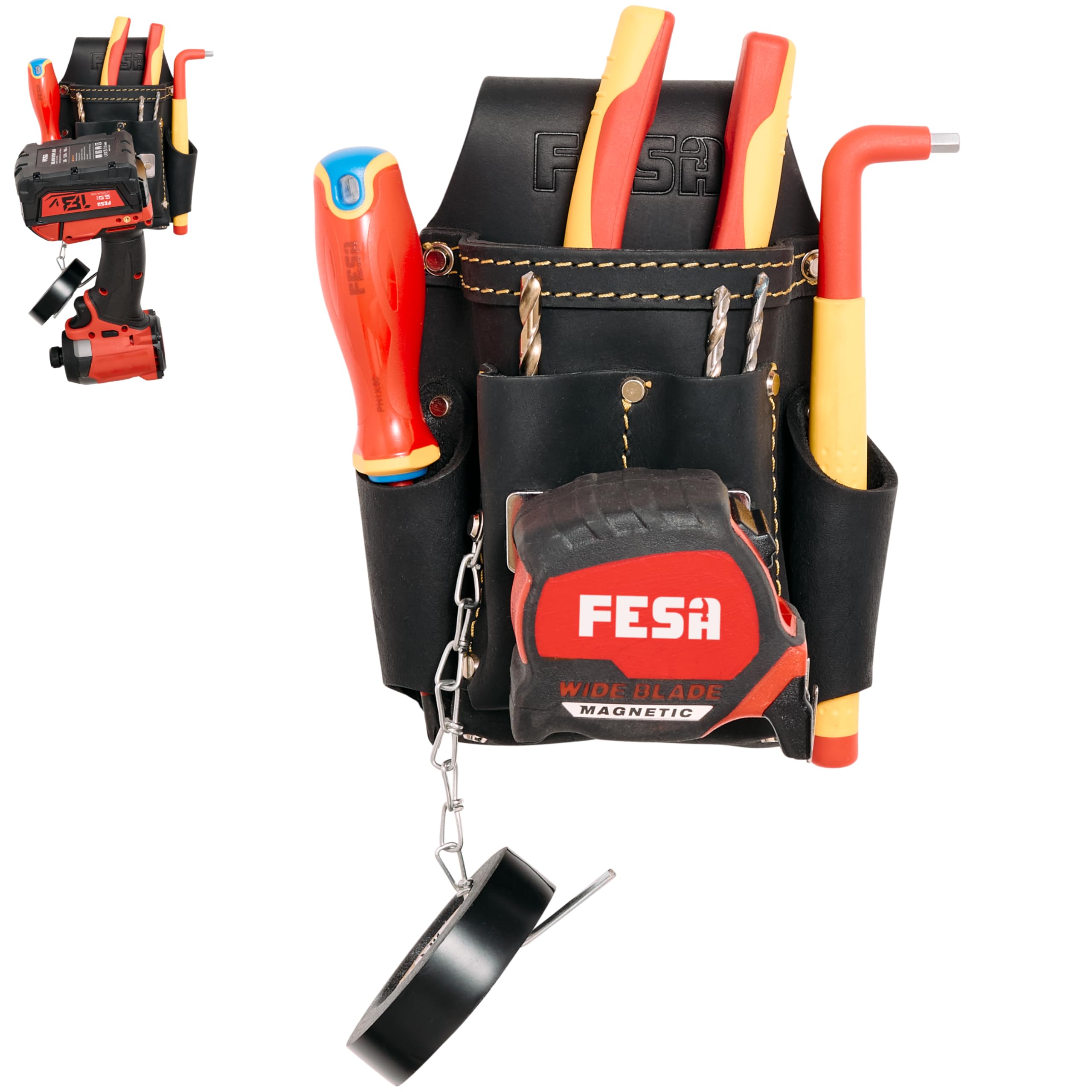 FESA Small Electrician's Tool Pouch - Leather 7-in-1 Small Tool Pouch with Steel Tape Measure or Drill Clip, Tape T-Chain & 5 Pockets - Clip On Any