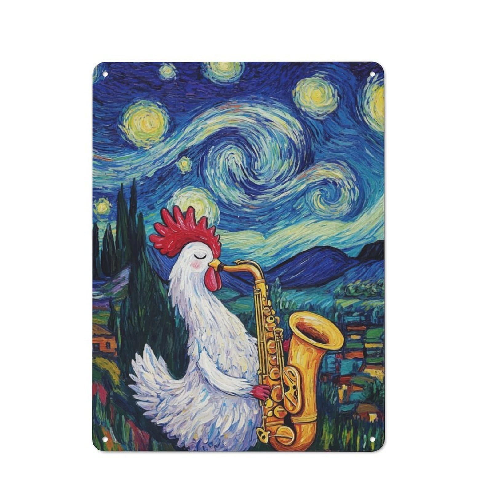 Junmoney Rooster Plays Saxophone Tin Wall Plaque 40X30cm With For Home Bar Wall, For Hosts Who Enjoy Retro Interiors