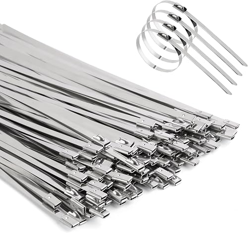 100 pack Metal Cable Ties, 304 Stainless Steel Zip Ties, 4.6x200mm 220lbs Heavy Duty Multi Self Locking Tie Wrap, Binding Cable for Machinery, Exhaust Wrap, Pipes, Farms, Cables, Poultry Fence Outdoor