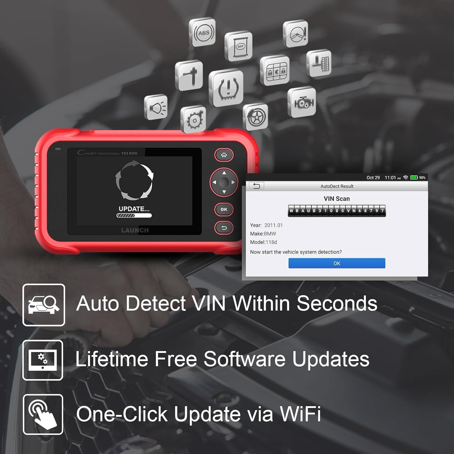 LAUNCH Europe CRP 123 EVO to na systemie Android DIY diagnostyka. Aktualizowanie oprogramowanie bezpośrednio przez WIFI, funkcje z OBD II, silnika, automatycznej skrzyni oleju, ABS i SRS itd.
