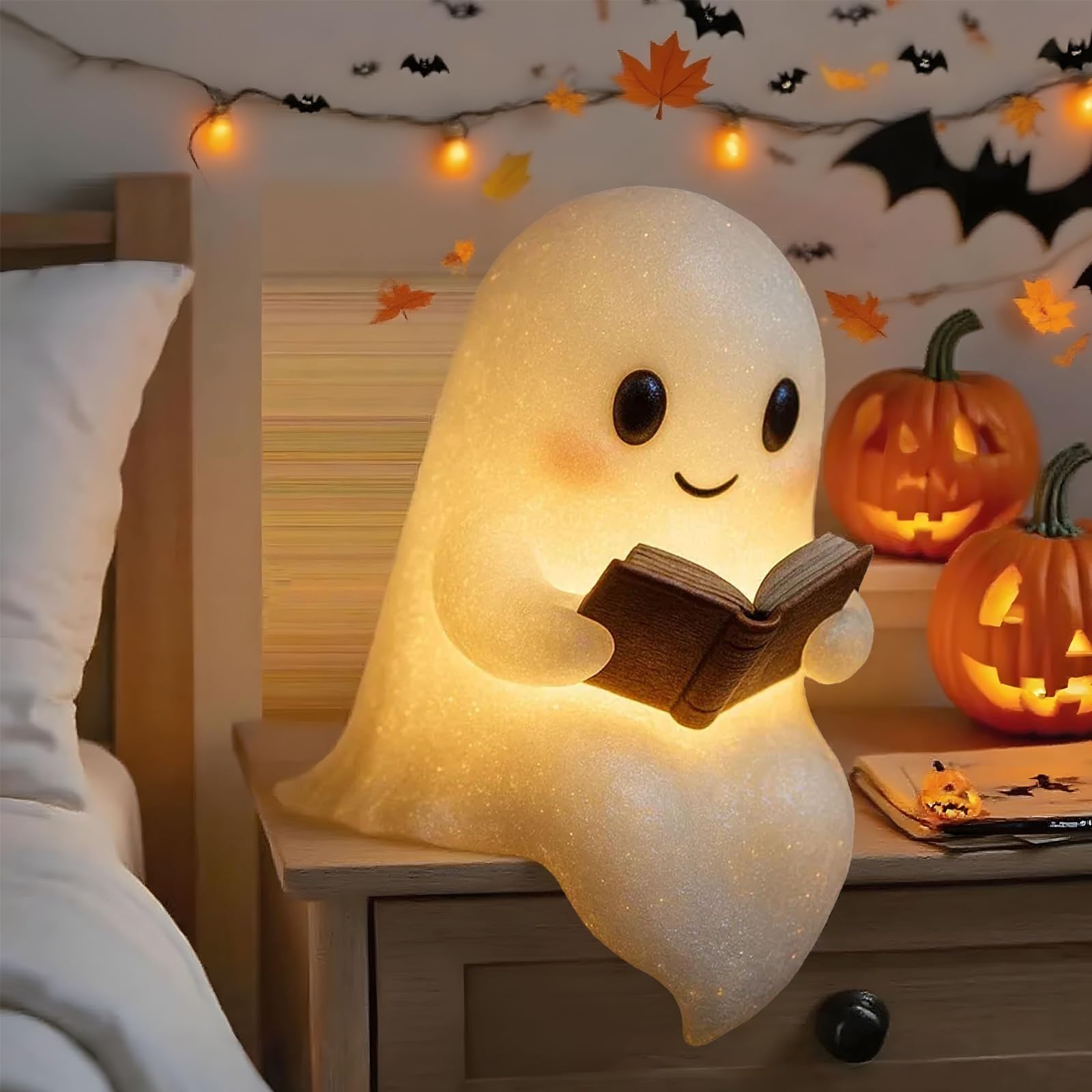Gonggi Ghost Reading Book Lamp, Cute Smiling Night Light for Book Lovers, Mood Light for Bedroom, Study & Bathroom, Halloween & Valentine’s Decor with Energy-Saving LED