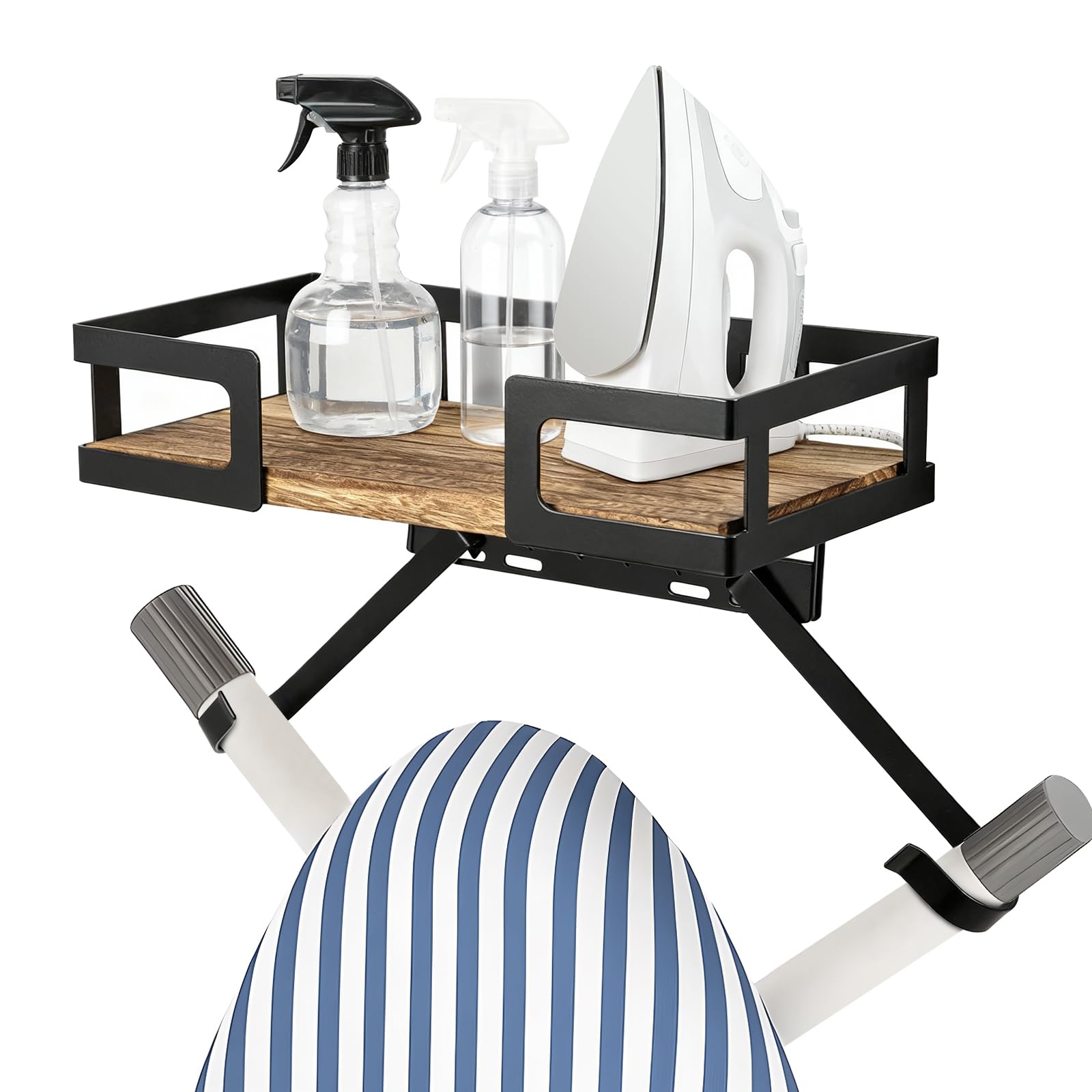 SUNNYNEST Ironing Board Hanger Wall Mount, 31.59×15.2×6.4cm Storage Bracket with Wooden Base Basket & Hooks