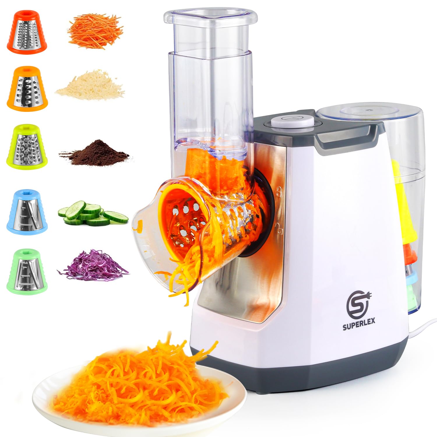 Coupe-légumes électrique 5-en-1, mandoline avec 5 lames tambour interchangeables, râpe à fromage pour fruits légumes carottes noix râpe de cuisine