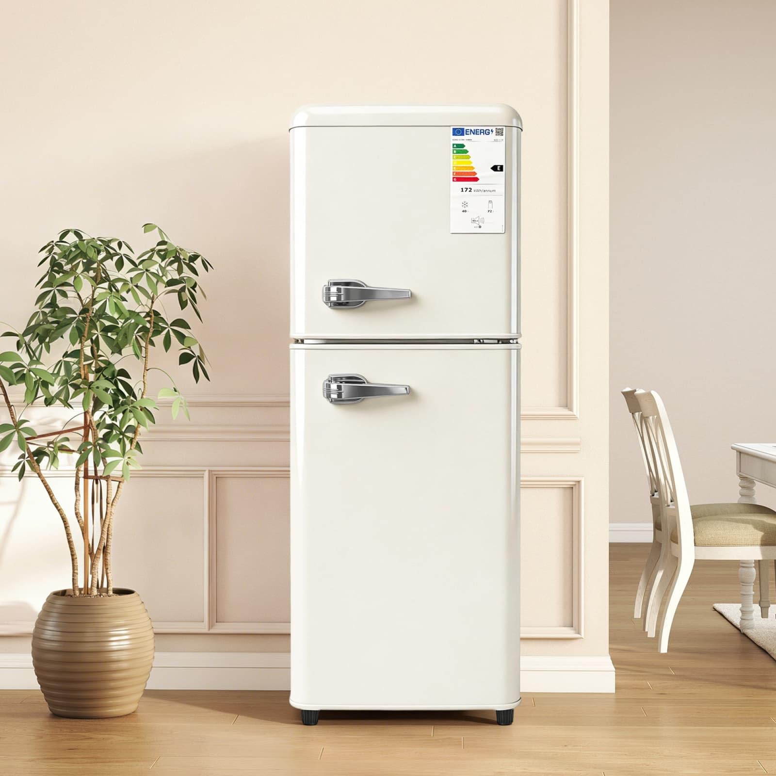 KOMHTOM Réfrigérateur à 2 Porte, Petit Frigo, Réglage de La Température à 7 Niveaux, Classe E, éclairage LED, étagères Réglables, pour Cuisine et Salon (Blanc, 112L)