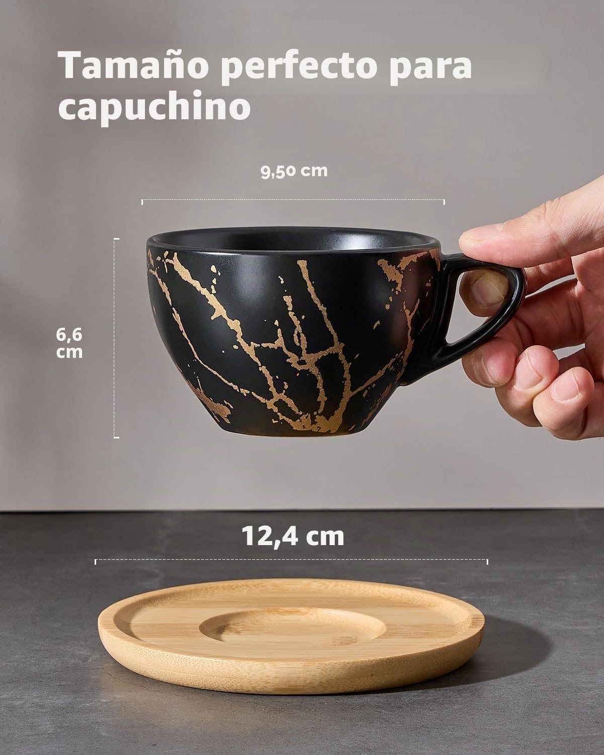 HOME DECOR Taza de café de porcelana con soporte de metal, tazas de café de cerámica de 8 onzas para americano, latte, café moca y té, juego de 4, dorado y negro, 1339-4BK