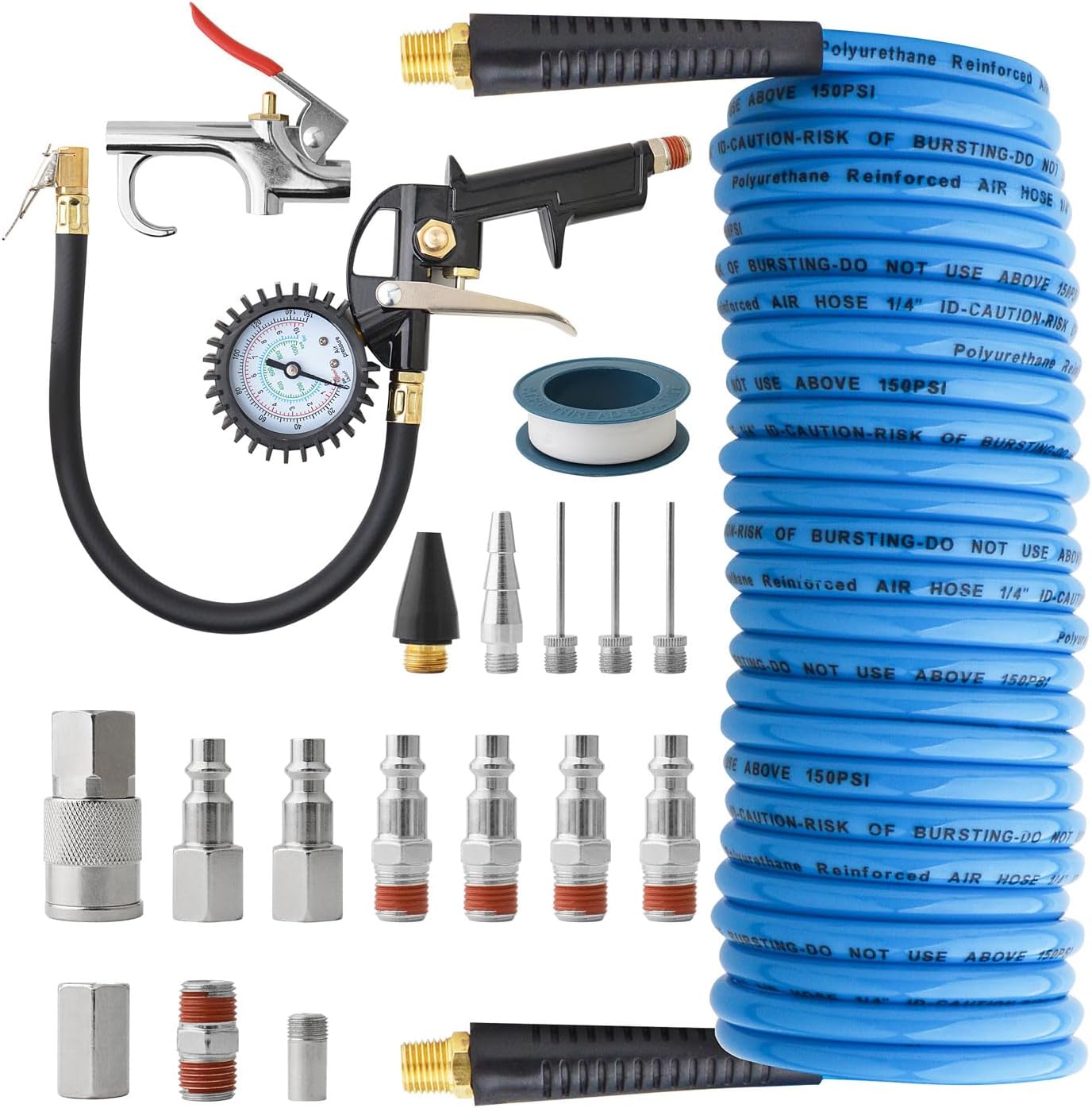 Gunpla 19 Pieces Air Compressor Accessories kit, Heavy Duty Air Blow Gun Air Hose Fittings and 150 PSI Tire Inflator Gauge, 1/4 in x 25 ft Recoil Poly Air Compressor Hose Kit