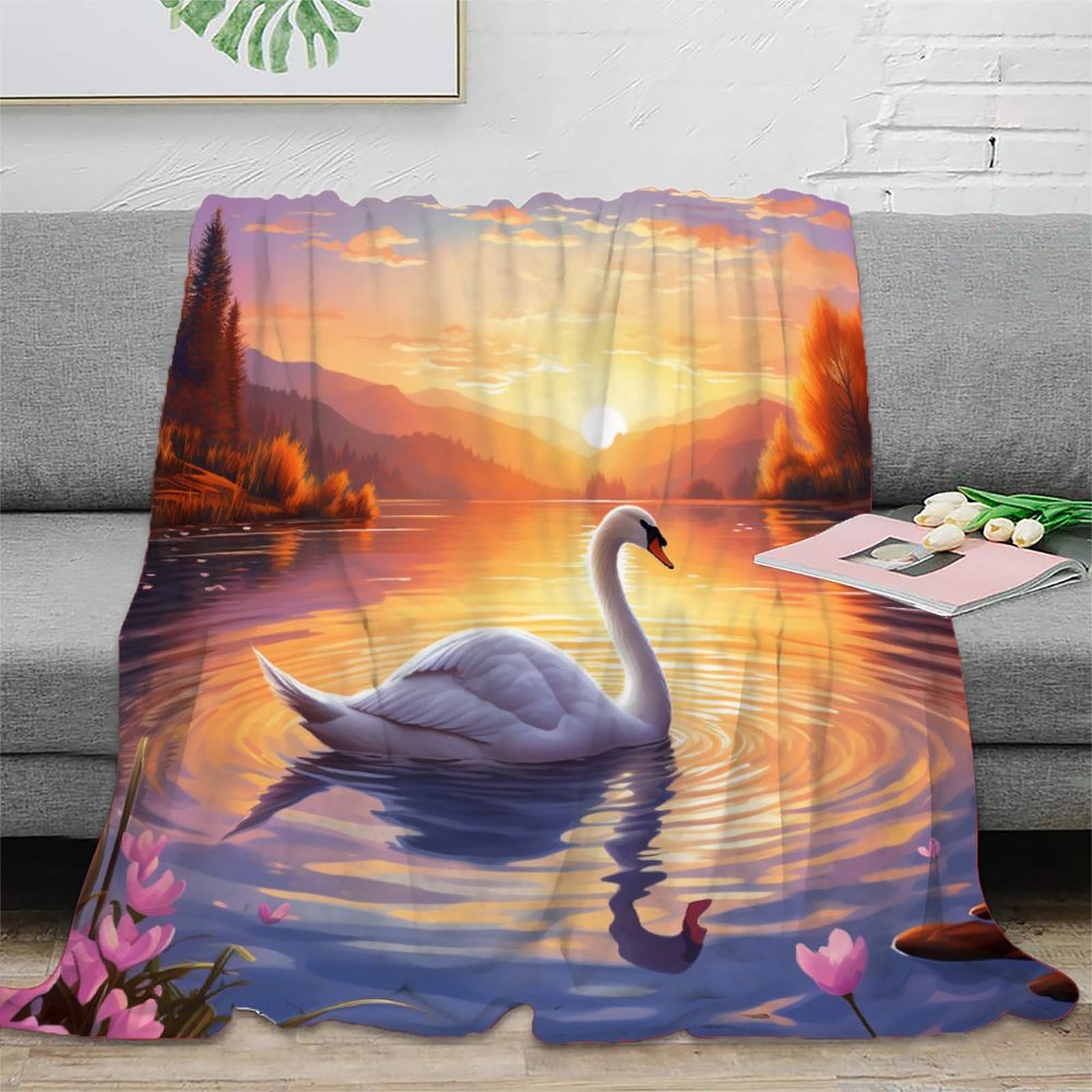 KeAan White Swan Fashion Oil Painting Printed Blanket Fleece Throw Blanket Soft Cozy Picnic Blanket for Bedding Sofa Bedroom Blankets Living Room Decor 40x50inch(100x130cm)
