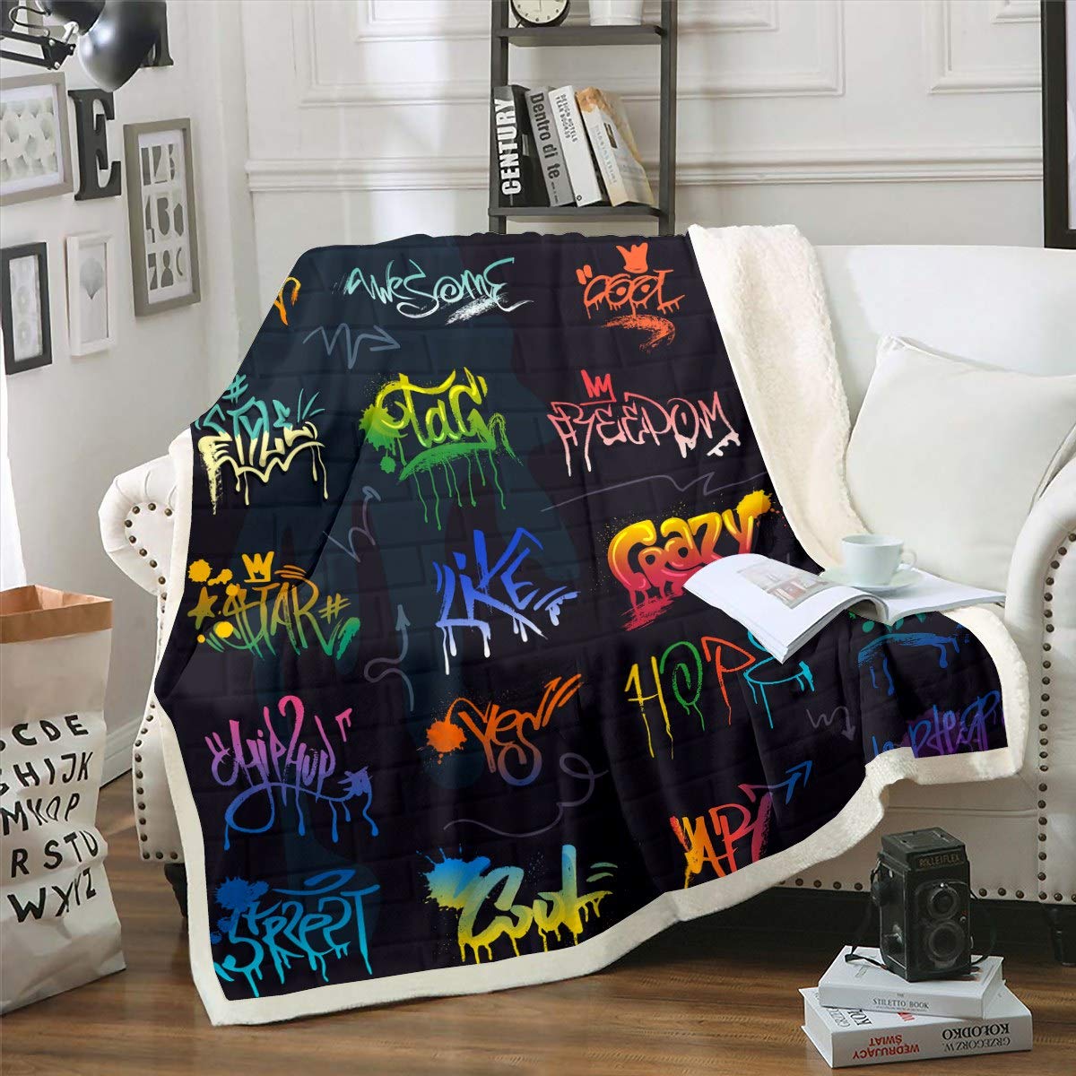 Loussiesd Multicolored 13214 Hip Hop Decor Throw Blanket Hippie Graffiti Pattern Sherpa Blankets For Couch Sofa Teens Street Culture Theme Fleece Blankets Young Man Bedroom Decor Plush Throw Blankets Baby 30"X40"