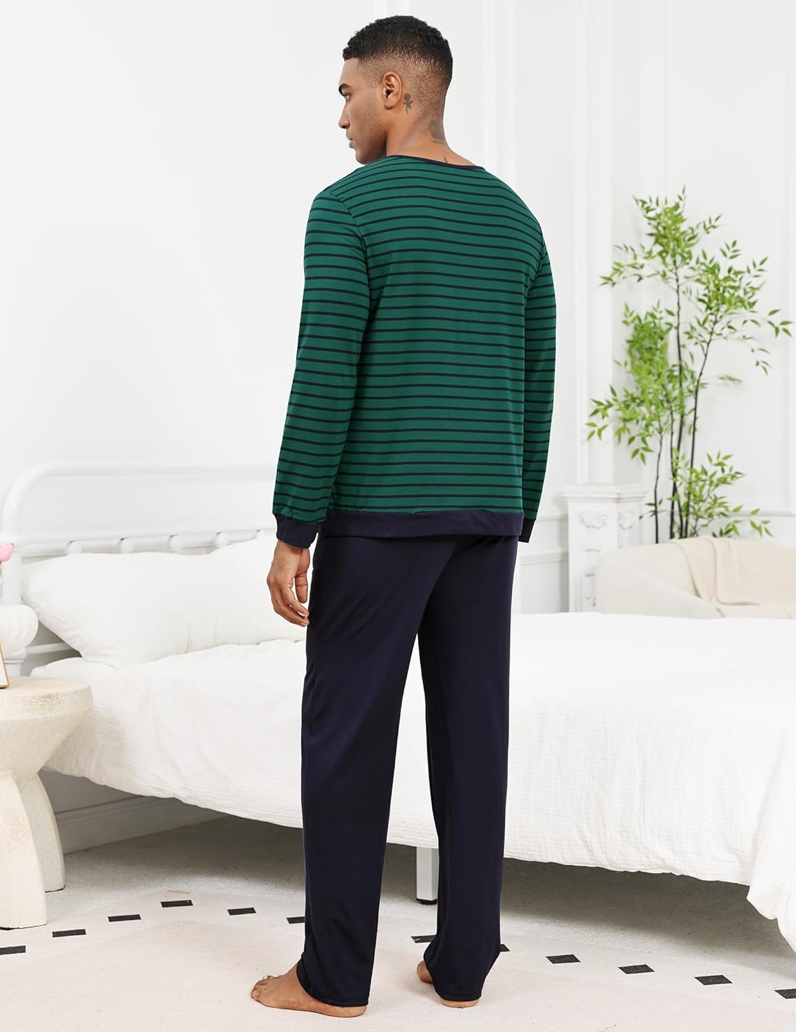 Men's Pajama Set 100% Cotton Mens Pjs Sets Long Sleeve Stripped Top and Pants Sleepwear Lightweight Soft Loungewear - Image 3