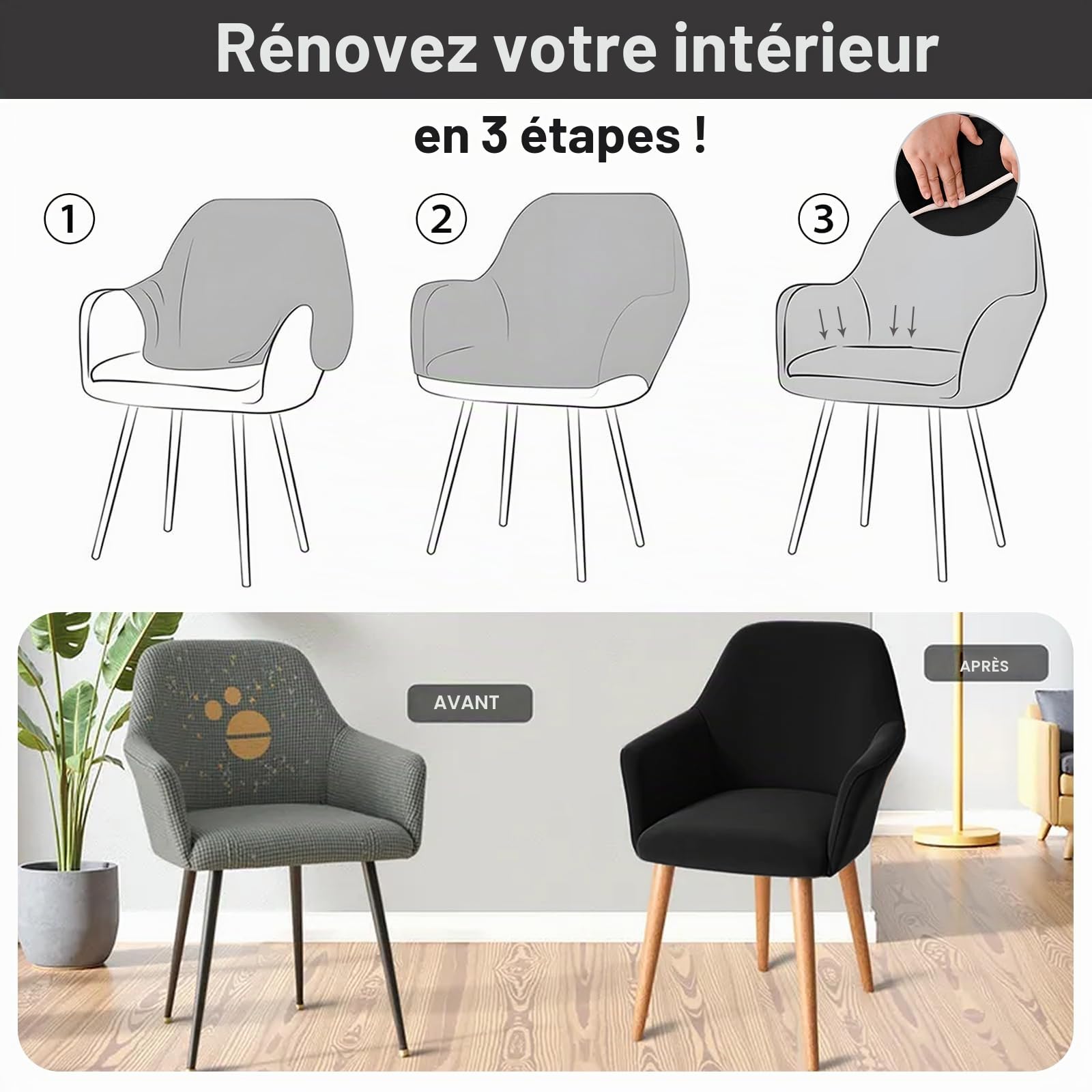 Alishomtll Lot de 6 housses de chaise extensibles avec accoudoirs - Noir